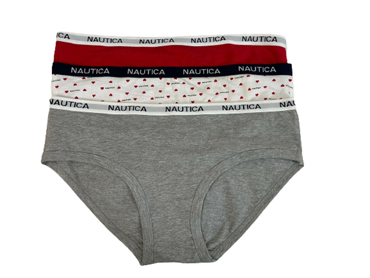 Nautica Womens 3 Pack Panties Red & Gray, White Hipster Size L