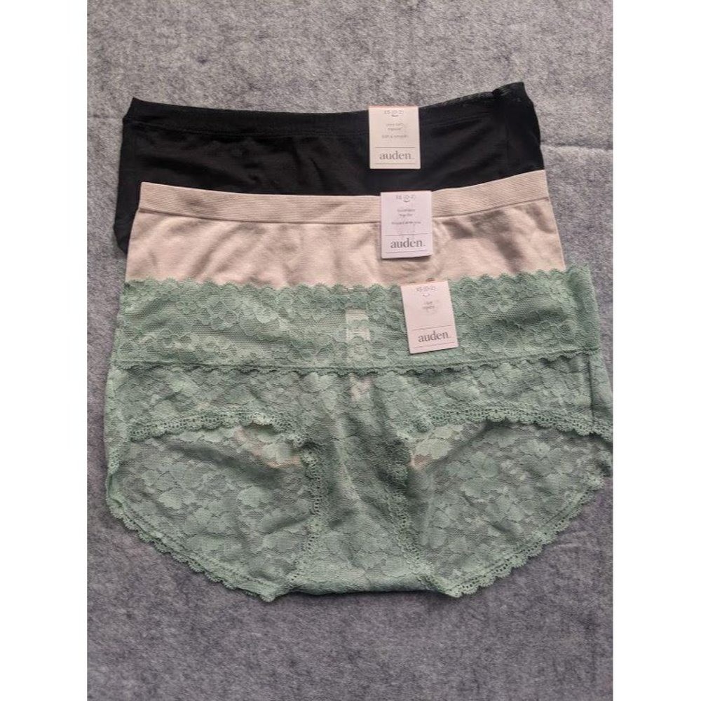 3 Pack Auden Panties Womens Size XS Black Tan Sage Green Lace Hipster Bikini NEW