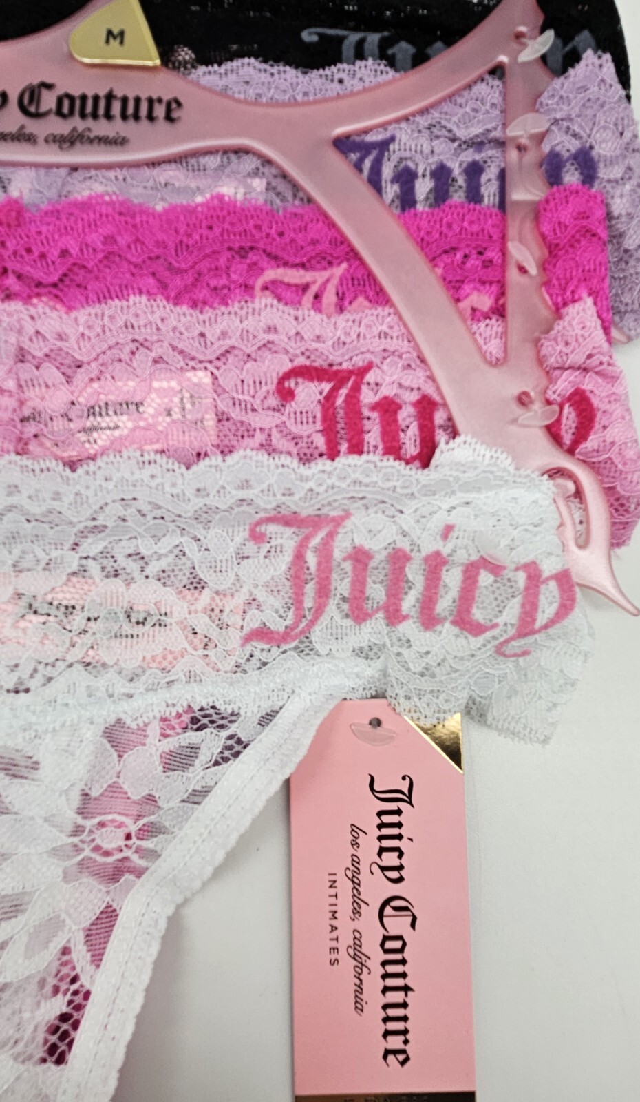 JUICY COUTURE Women’s S M L 5Pk Lace Logo Thong Panties Black Pink Purple White