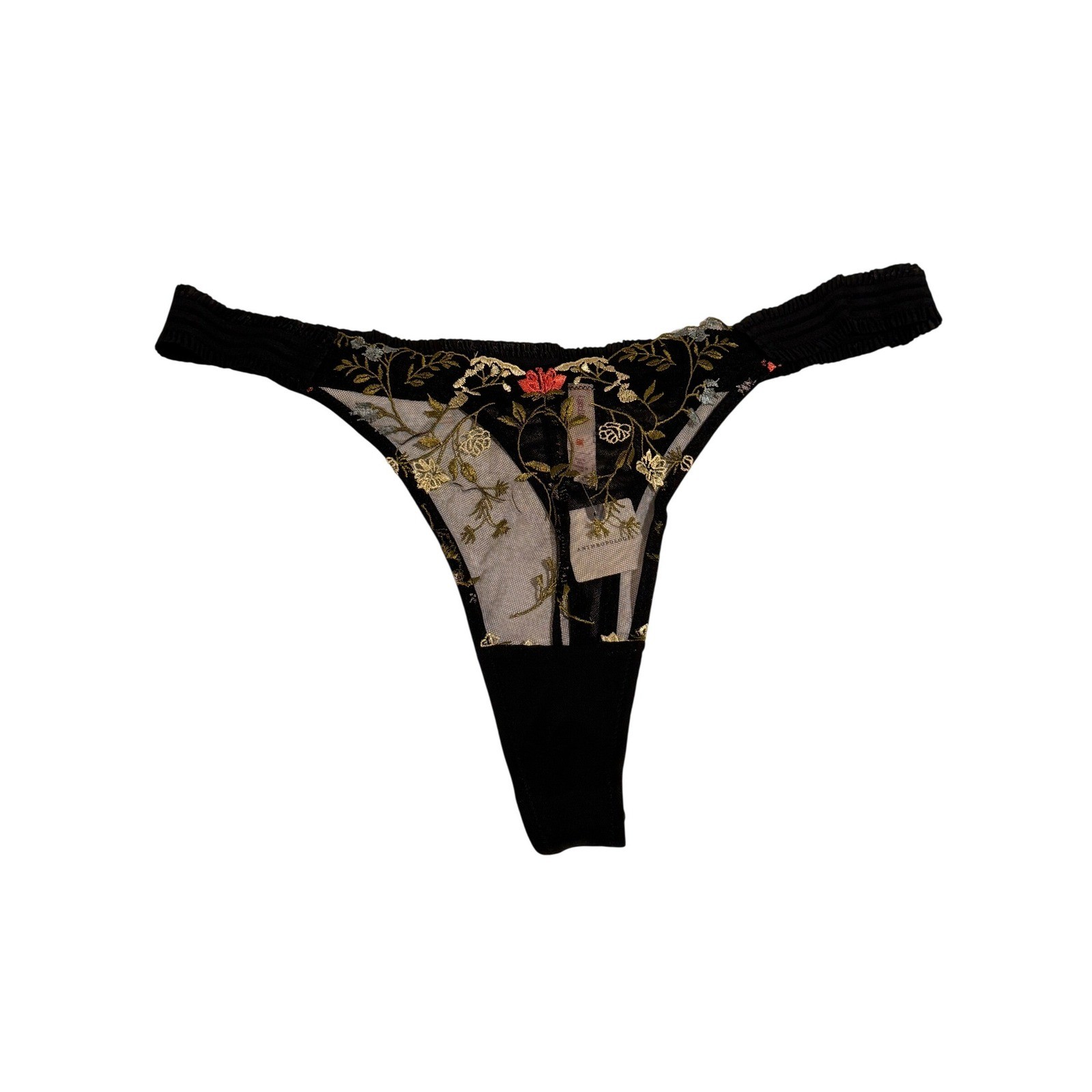 Anthropologie Embroidered Floral Mesh Thong Panty Black Large NWT
