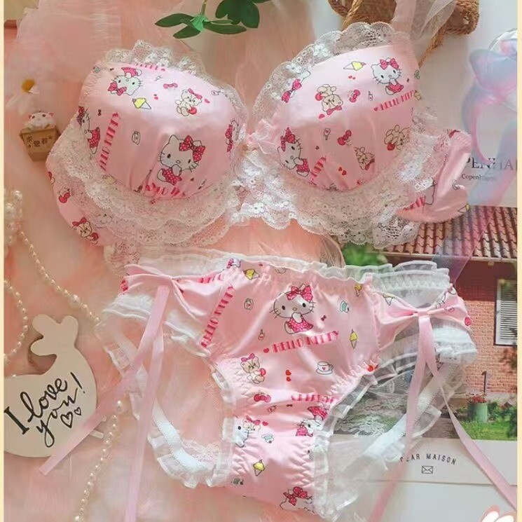 KT Kitty Kawaii Anime Push-up Bra Underwear Pajama Set Japan Lingerie Lace