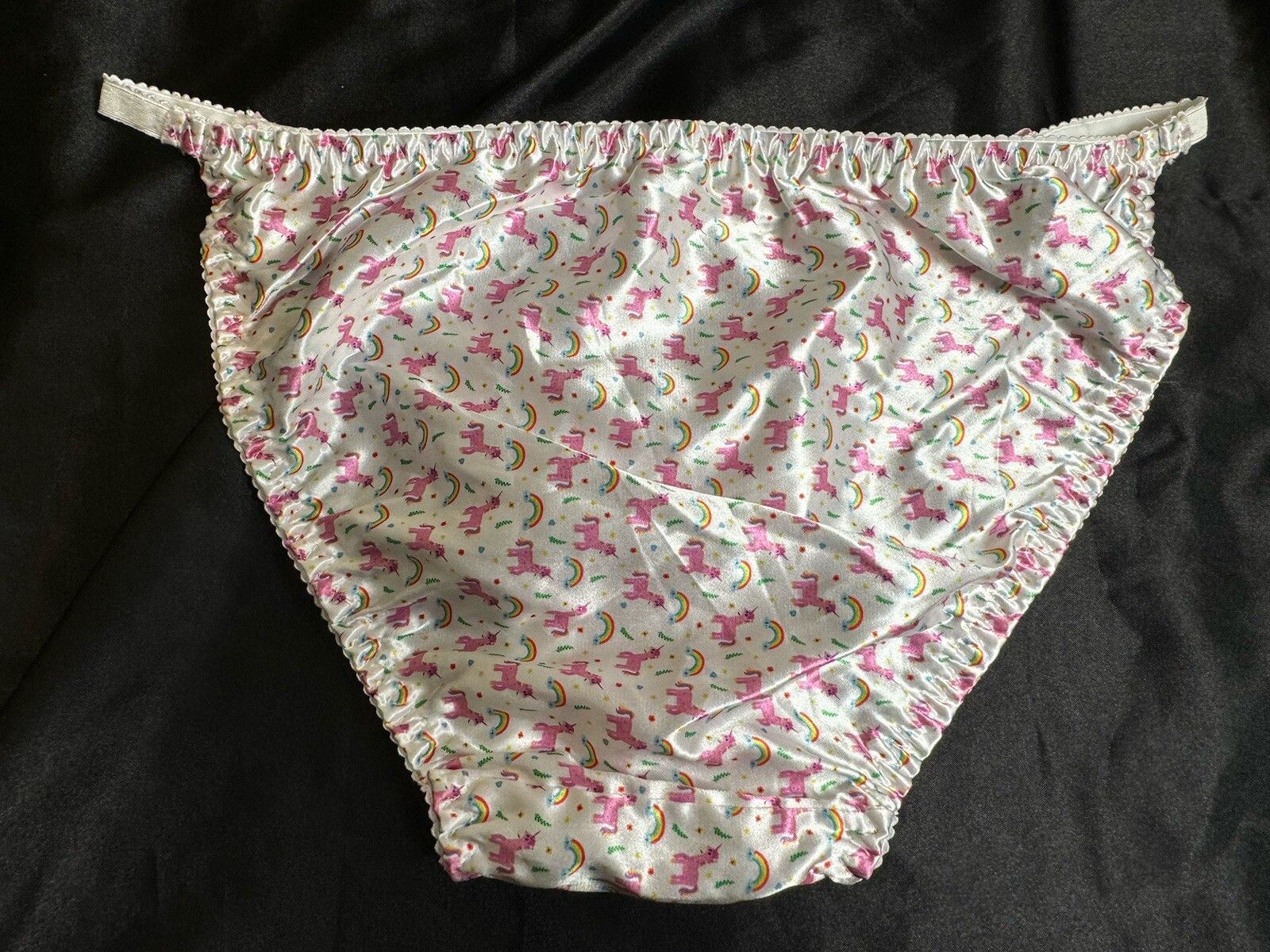Handmade Shiny satin string bikini panties Satin Gusset Unicorn Rainbow 2XL
