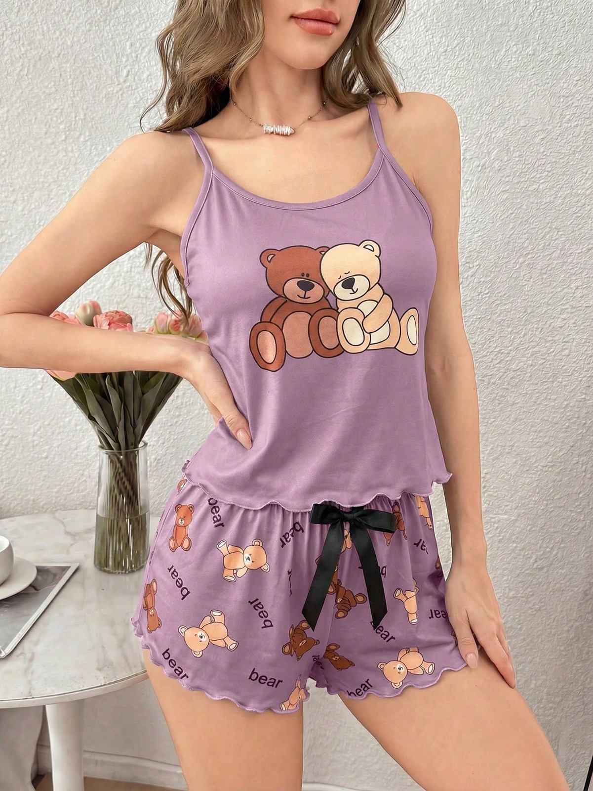 Ladies 2 Piece Bear Pattern Strappy Top and Shorts Pyjama Set Cheap24