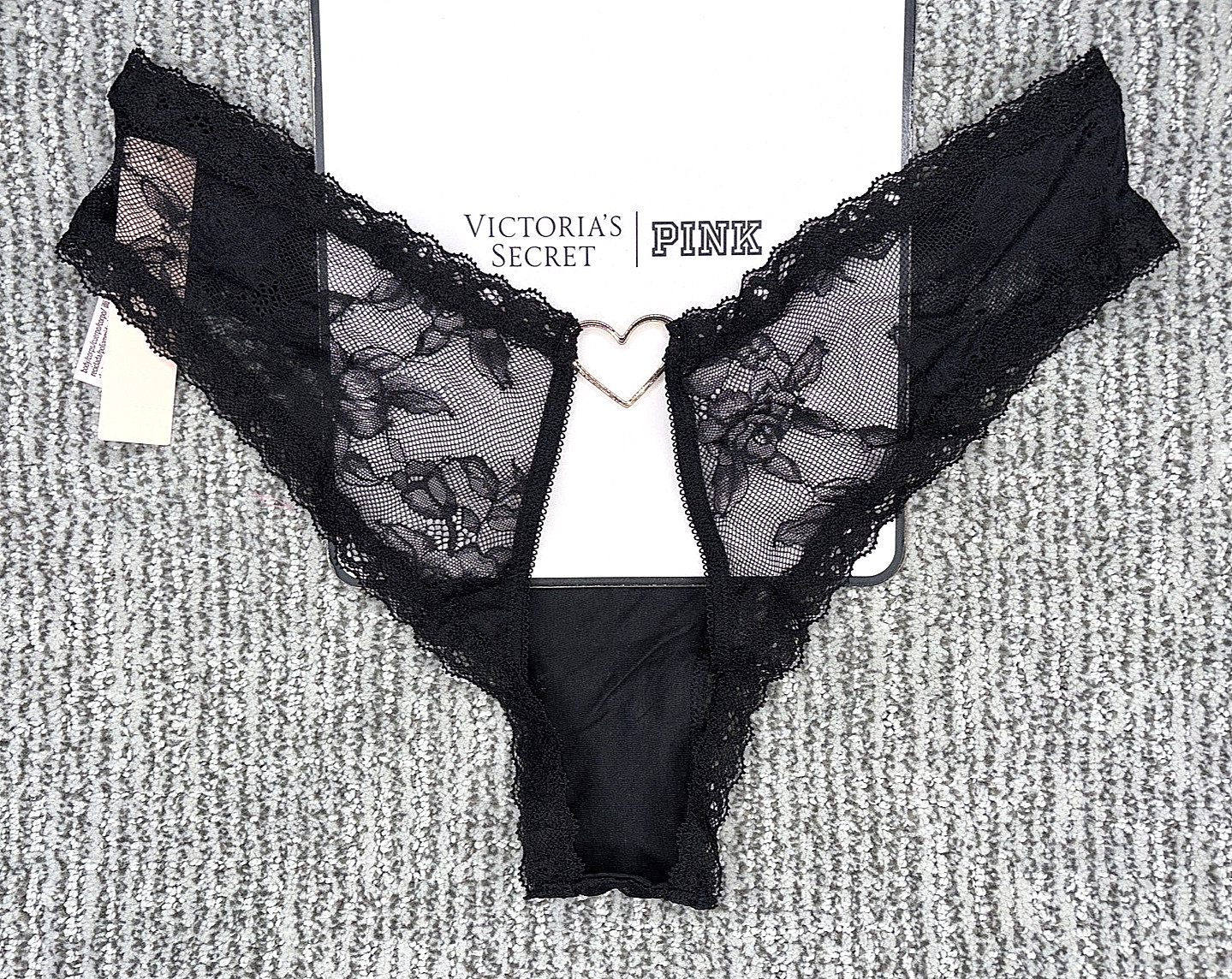 Victorias Secret Very Sexy NWT Small Black Lace Heart Hardware Open Cheeky Panty