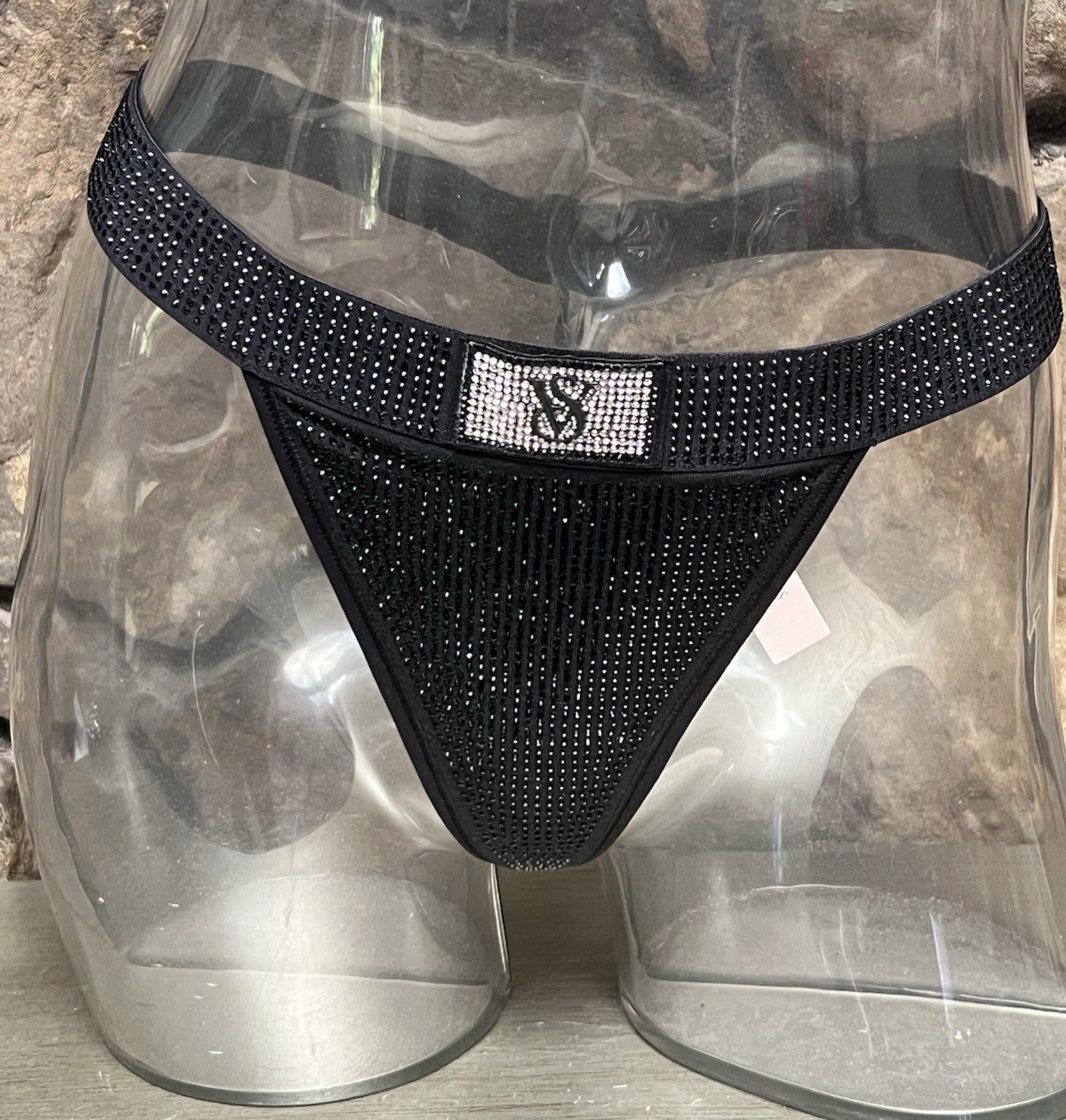 Victoria’s Secret All Over Bling Cotton V-STRING THONG Panty XL SHINE BLK NWT$34