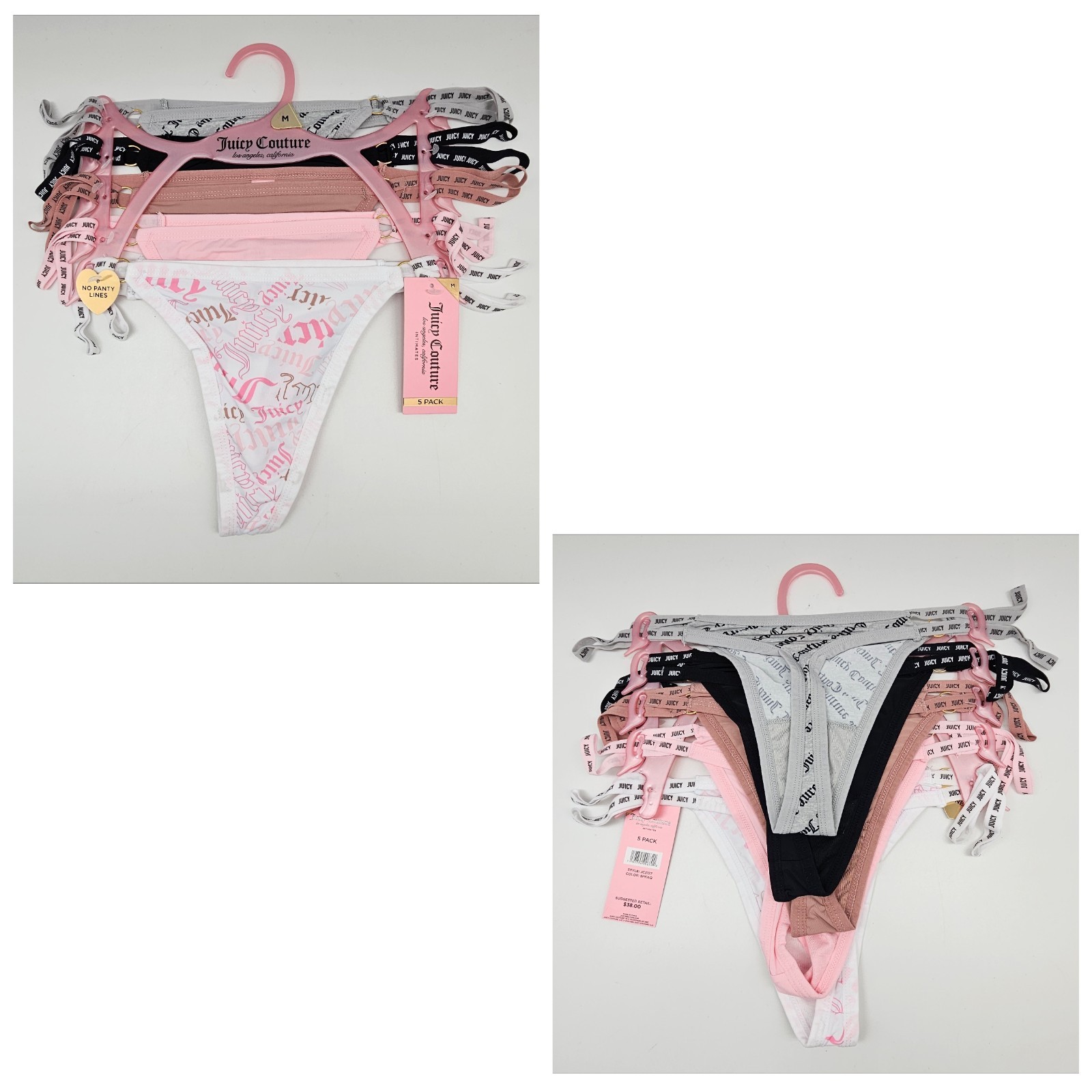 JUICY COUTURE 5 Pack Women M L XL Logo Thong Panties Gray Black Beige Pink White