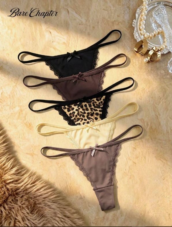 Bare Chapter 5pcs/Pack Women’s Lace Patchwork Bow Tie Leopard Print Thong Pantie