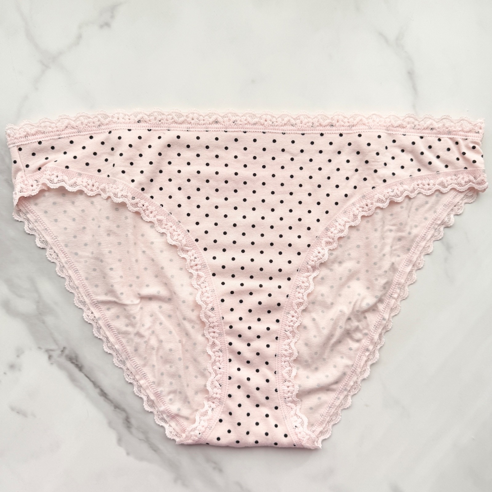 Victoria’s Secret Lace-Trim Lace-Waist Bikini Panty Pink Dots Size M