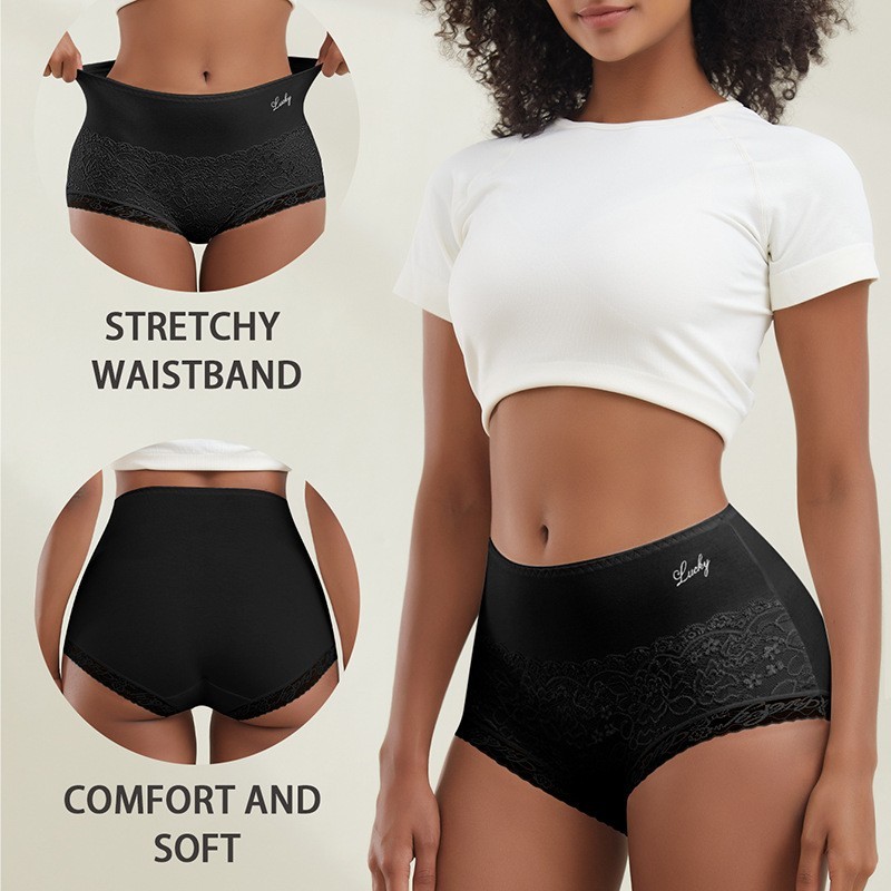3 Pack High Waist Soft Cotton Lace Trim Panties – Breathable Bikini for Women
