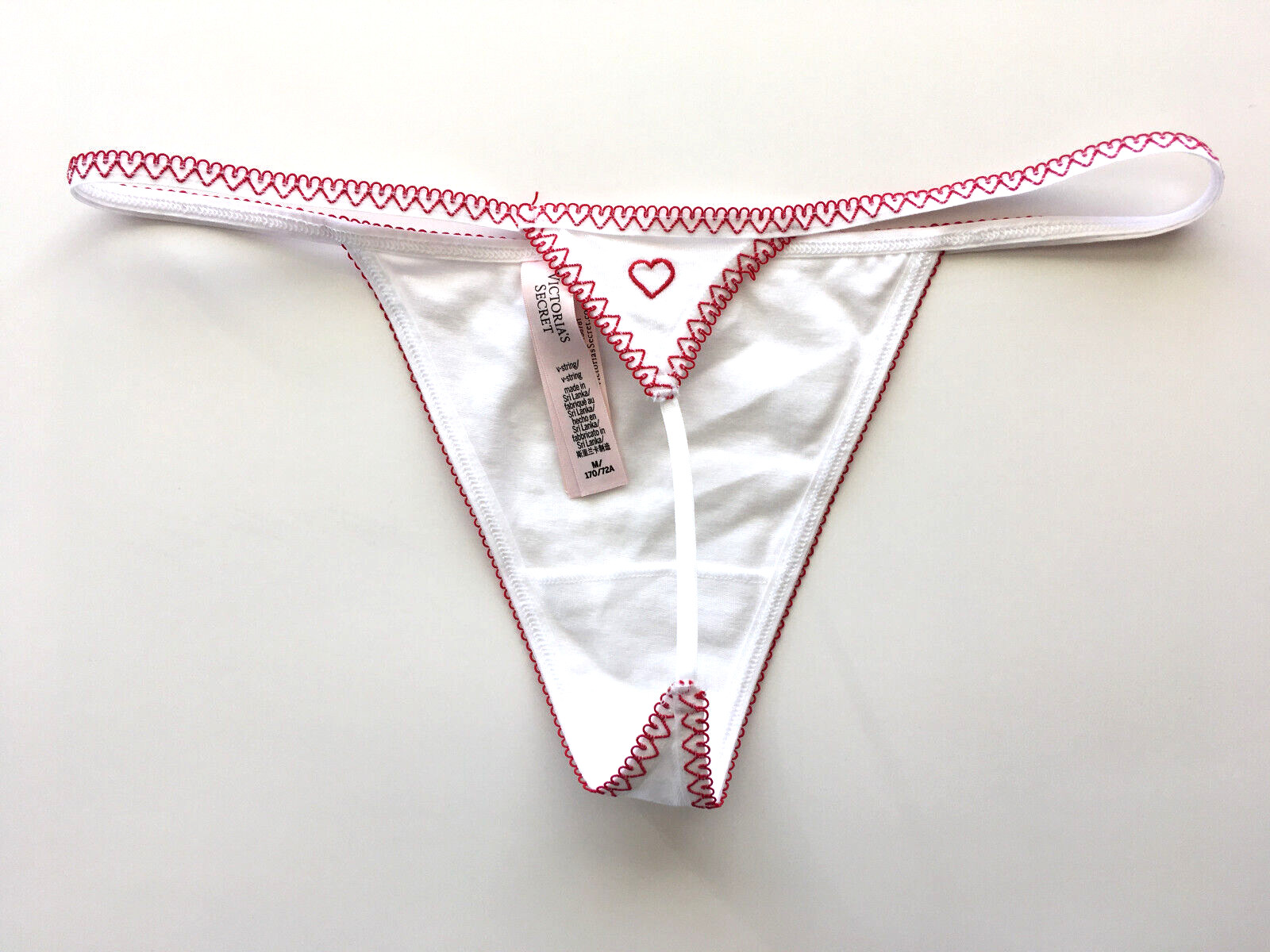Victoria’s Secret – M Heart Trim Cotton V-String Panty – White Red Medium Thong