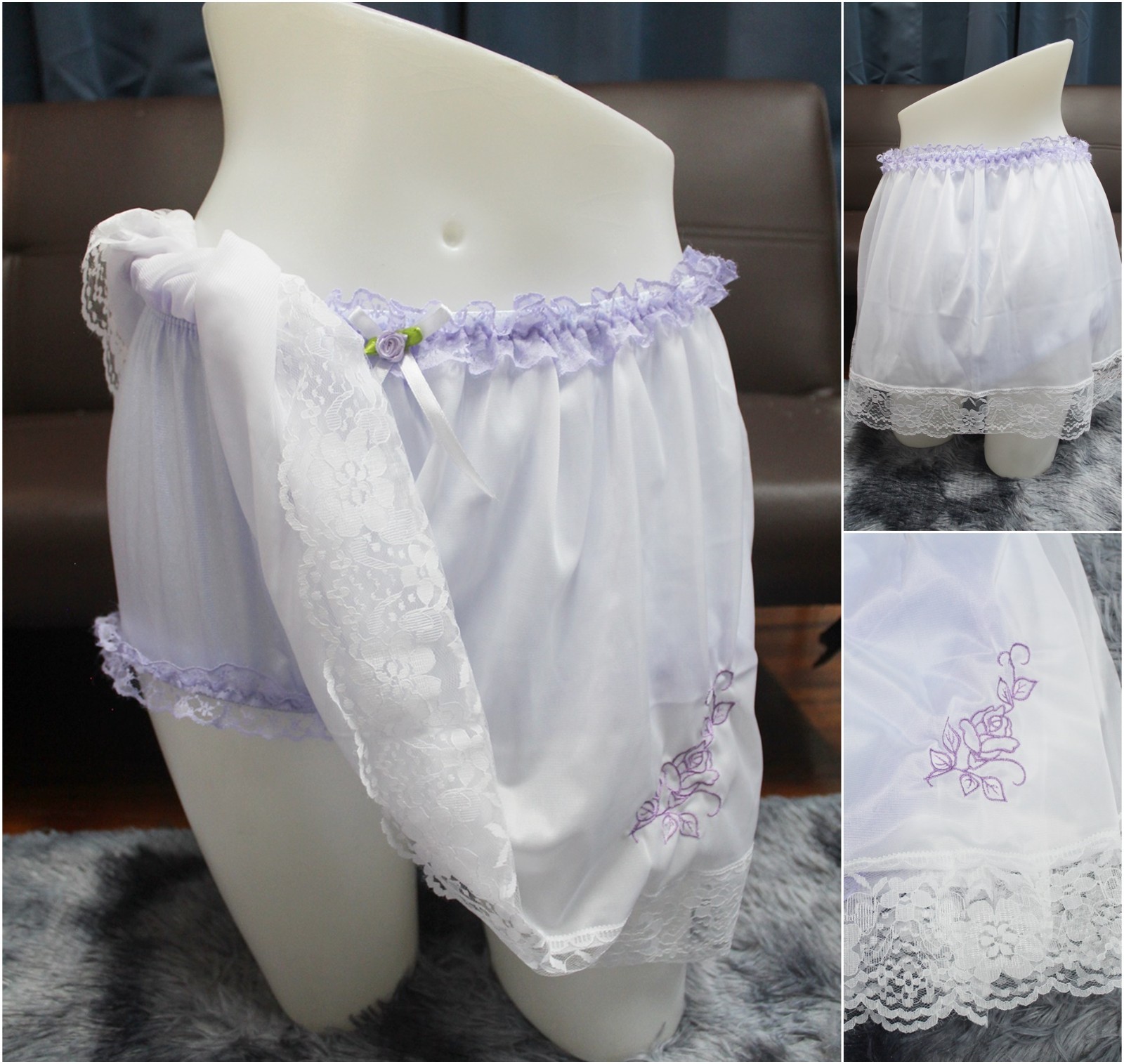 #A104 2XL/ElasticW.24-44″ 2in1 Purple Nylon Full Brief + White Half Slip 15″