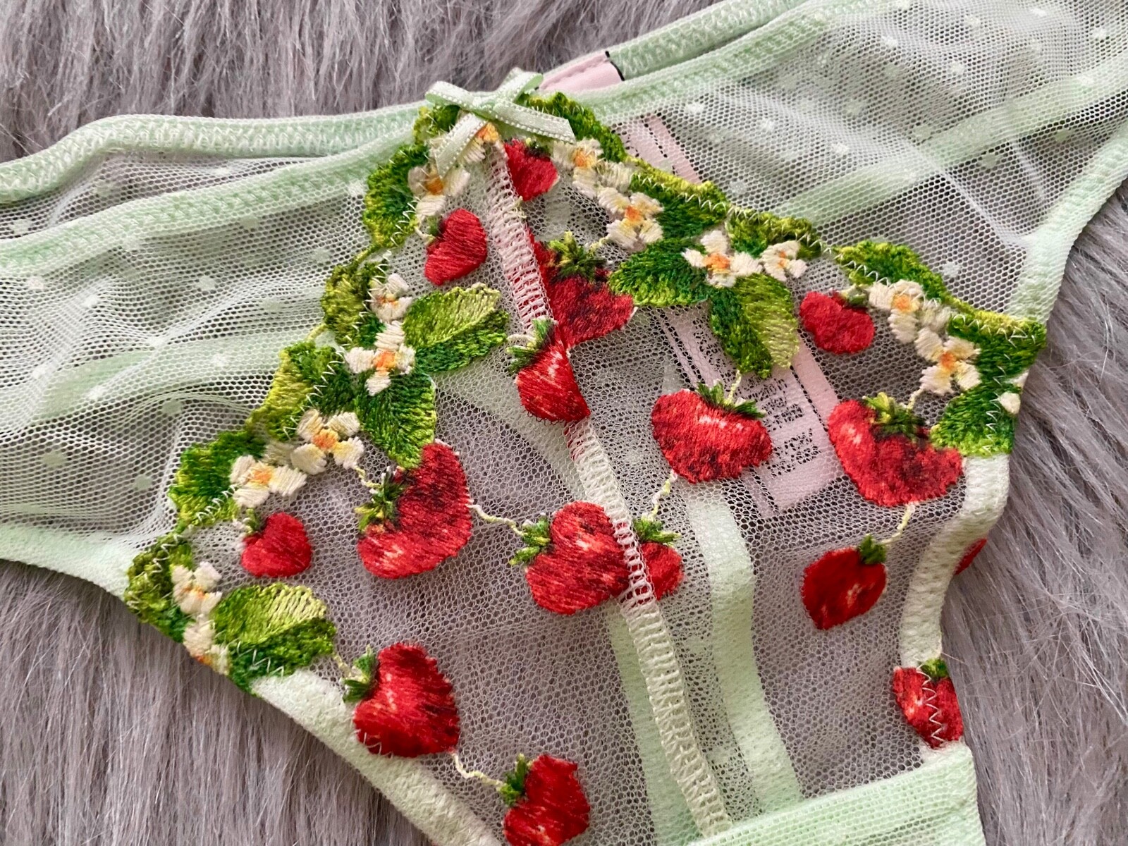 Victoria’s Secret Thong Panty Green Mesh w/ Strawberry Embroidery Sexy S M