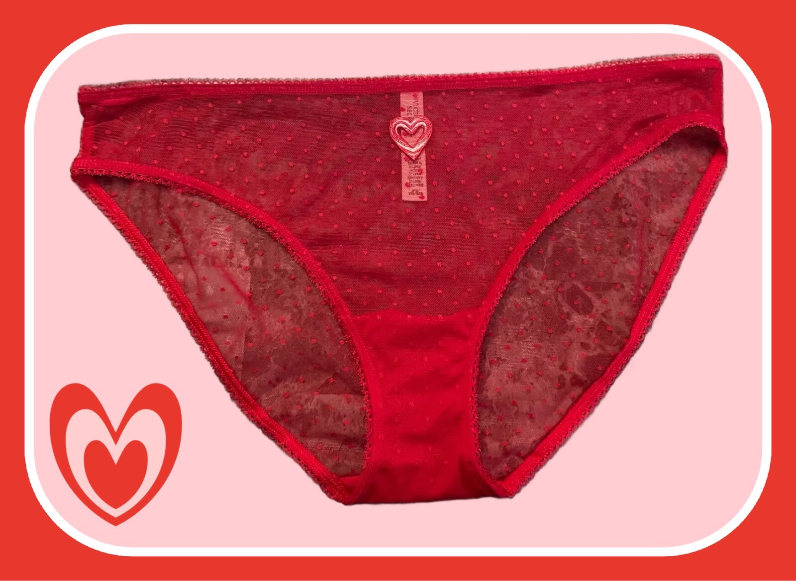 L All Bold Red Polka Dot Mesh w Heart Stretch Victoria’s Secret BIKINI Panty