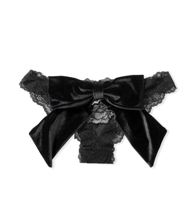 Victorias Secret Dream Angels Lace & Velvet Bow Ouvert Cheekini Panty Black XS S
