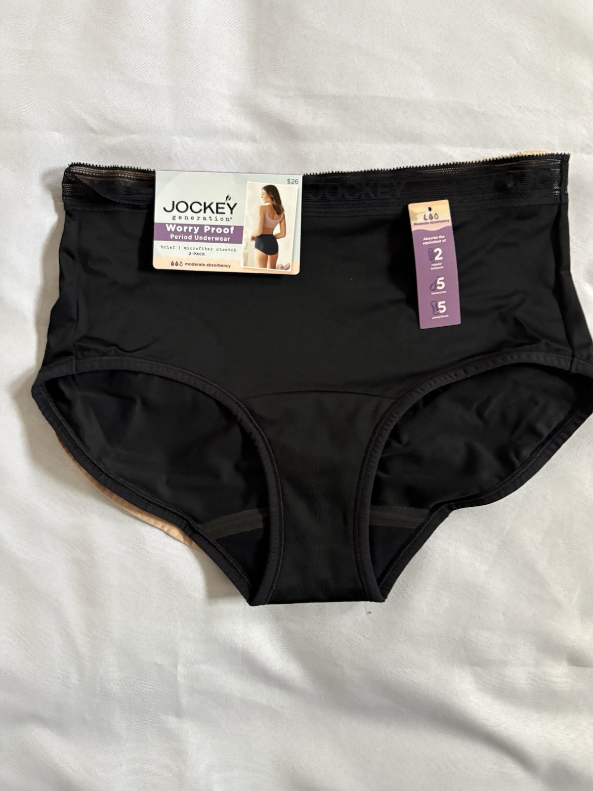 NEW Jockey Worry Proof Period Underwear Brief Panty 1 Black 1 Tan Size Small