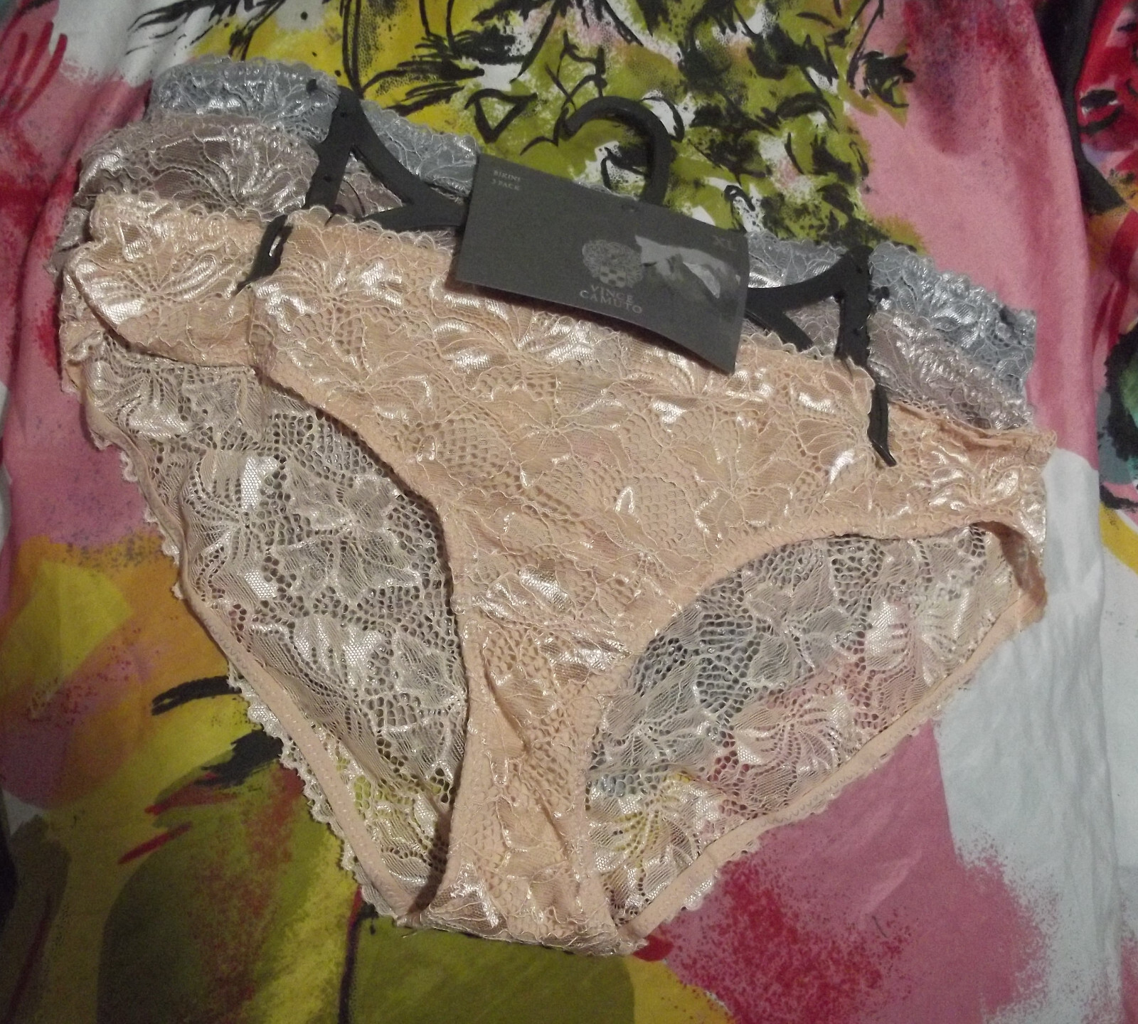3 NEW VINCE CAMUTO VCO72014 PK/BG/GY MICROFIBER SHEER LACE BIKINI PANTIES XL