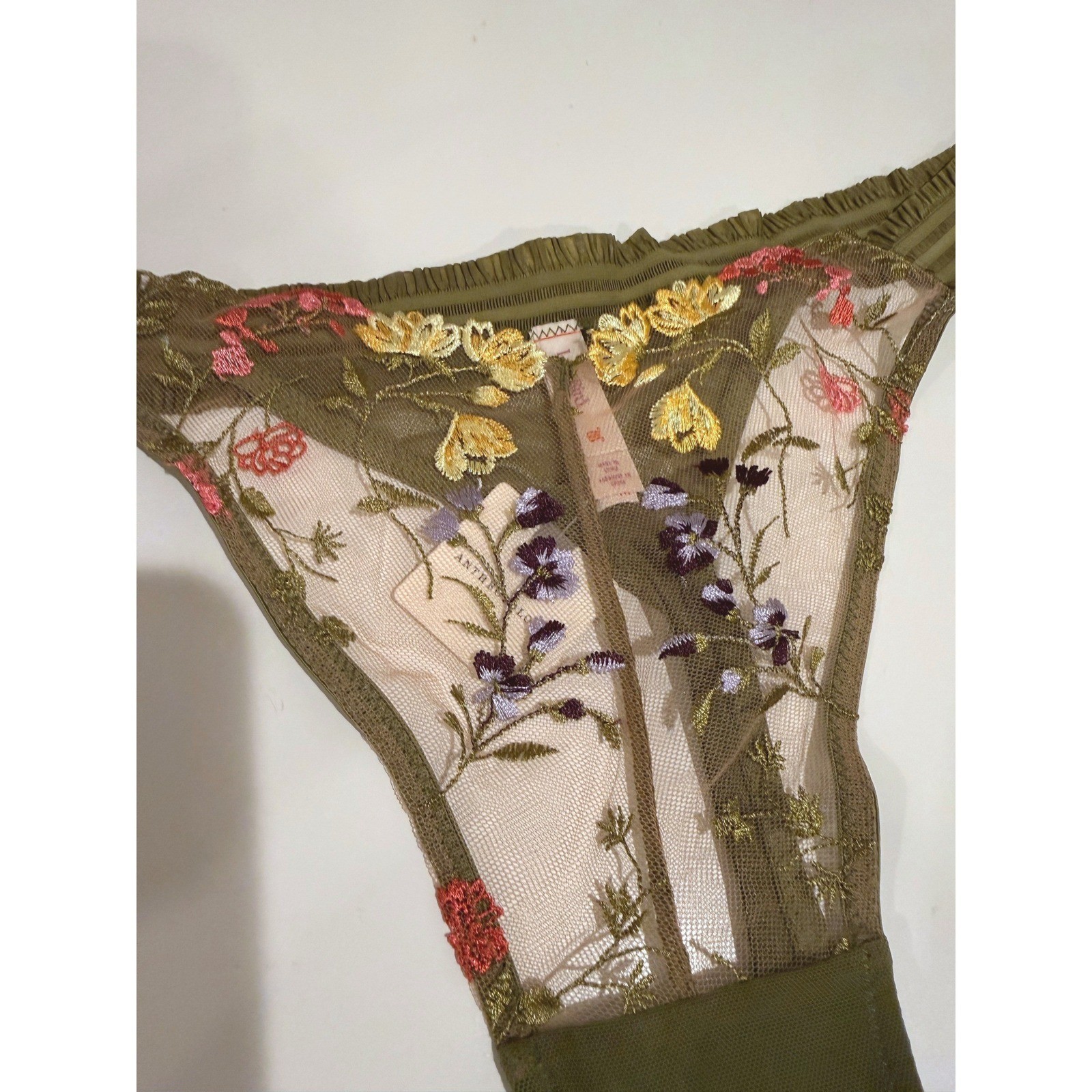 Anthropologie Embroidered Mesh Thong Panties Olive Green Floral Large