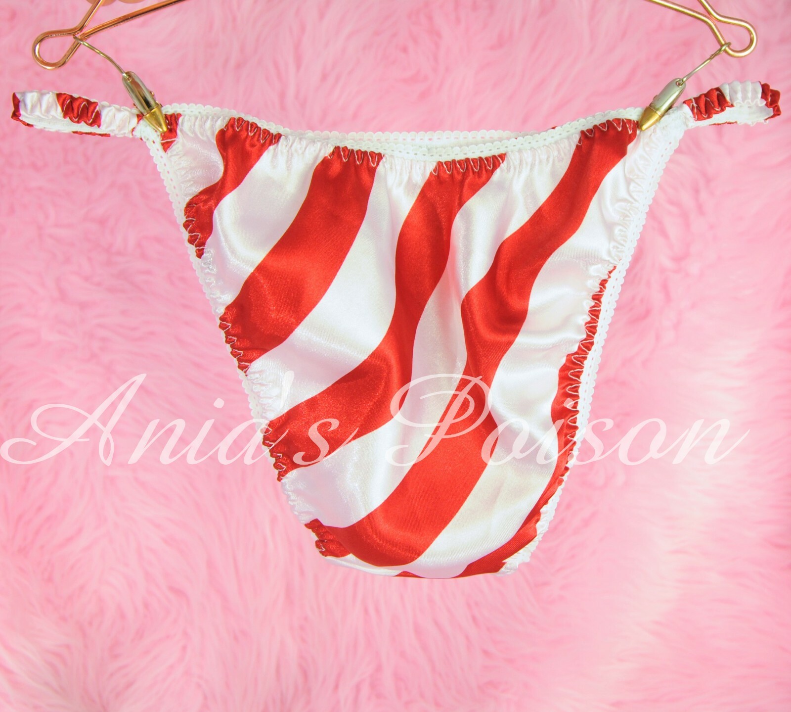 Satin String Bikini Panties Sissy Christmas Red Candy Stripe Cheeky cut shiny