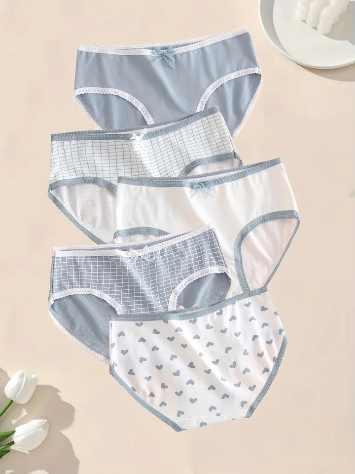 Cotton Brief Panties Heart Print Womens Soft Breathable Underwear 5 Pcs