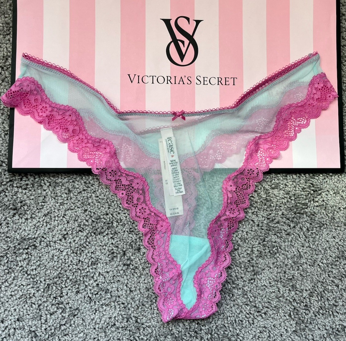 XL Victoria Secret Tease Mesh Lace Trim High Leg Waterfall Peony Thong Panty NEW