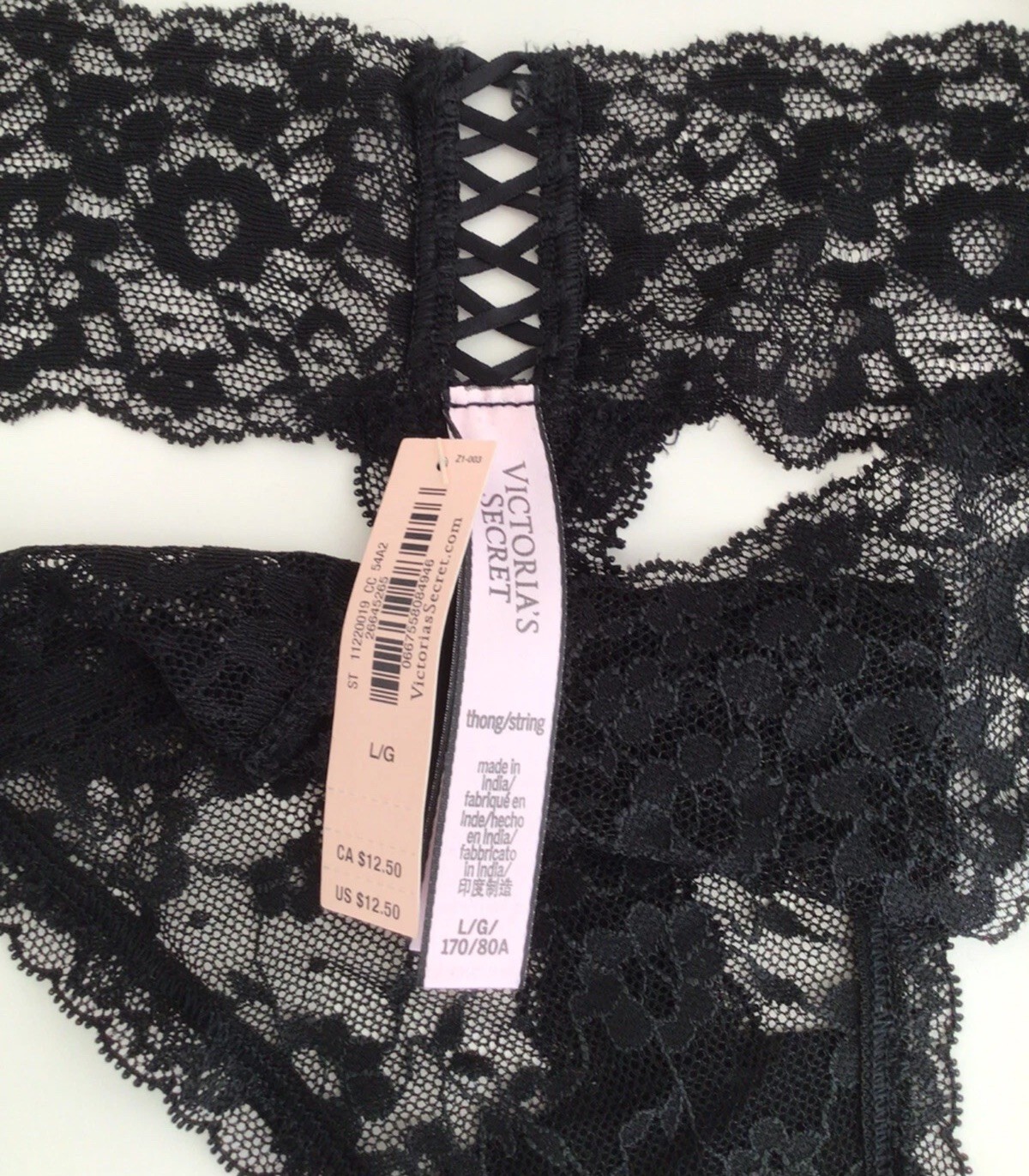 2 X NEW Victoria’s Secret Lacie Thong Panties-Large-Black And Beige NWT