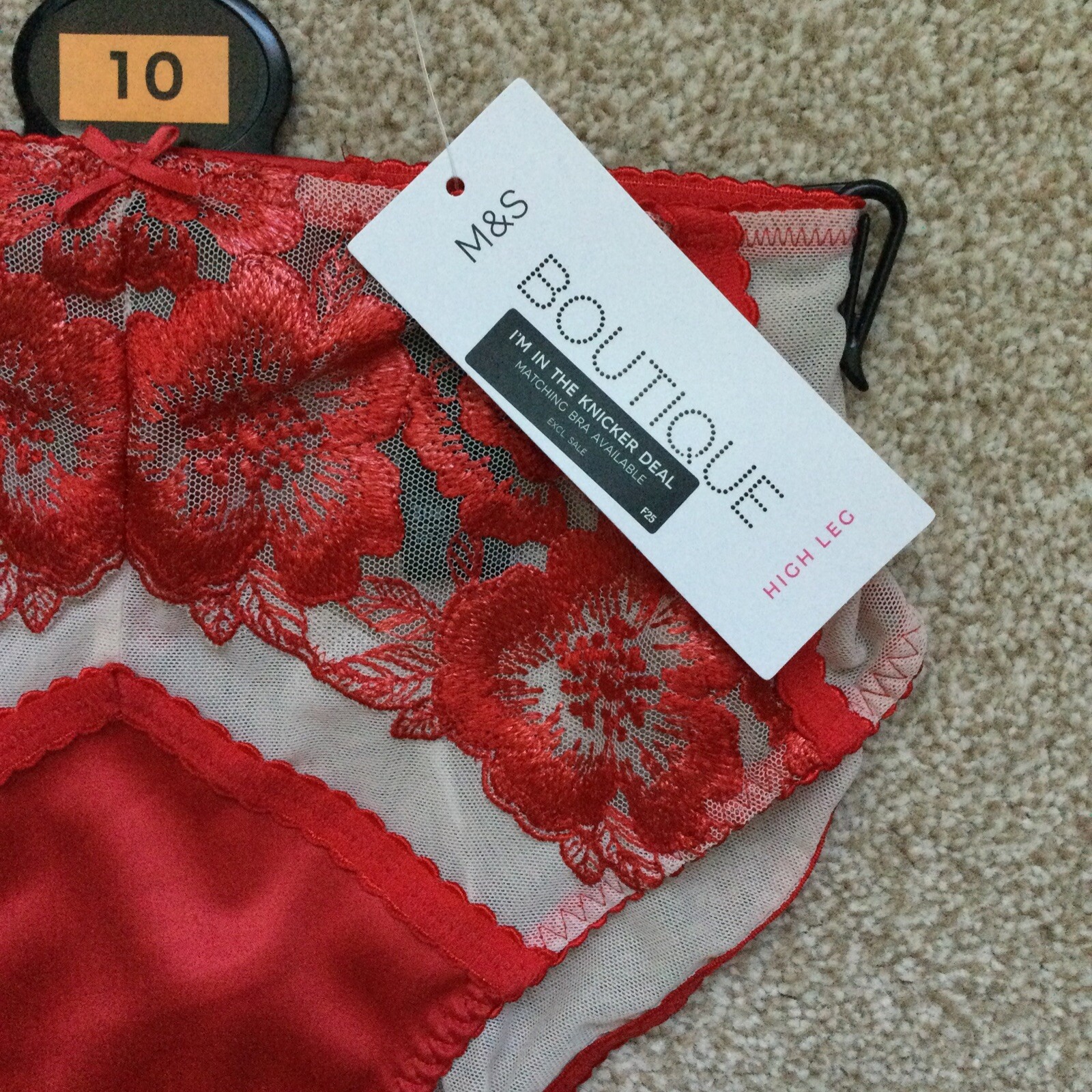 M&S Size 10 Boutique Layla Embroidered High Leg Knickers Red Cream Satin Mesh