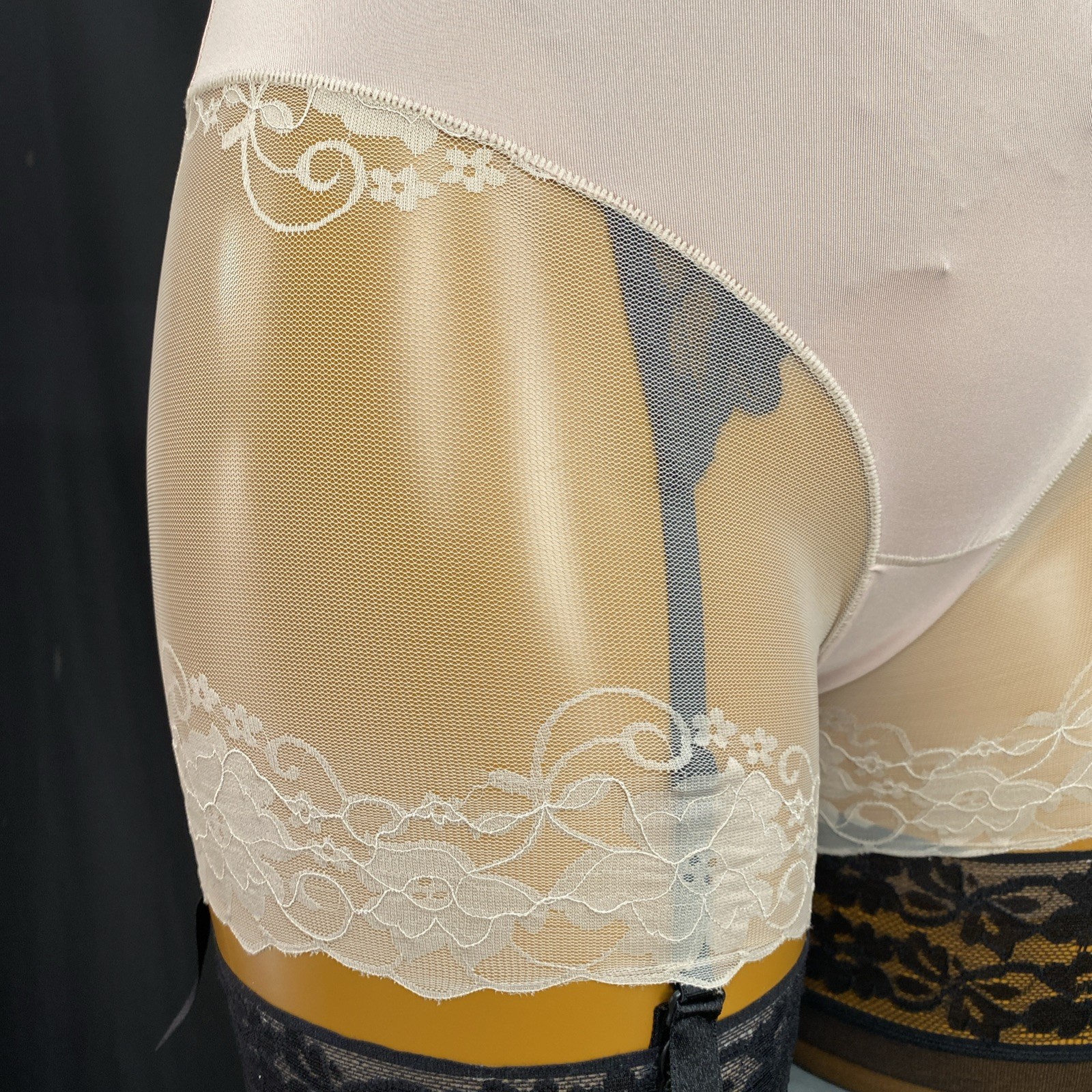 Knickers/Shorts, Nude Slippery Satin Poly, Floral Embroidered Sheer Mesh Size L