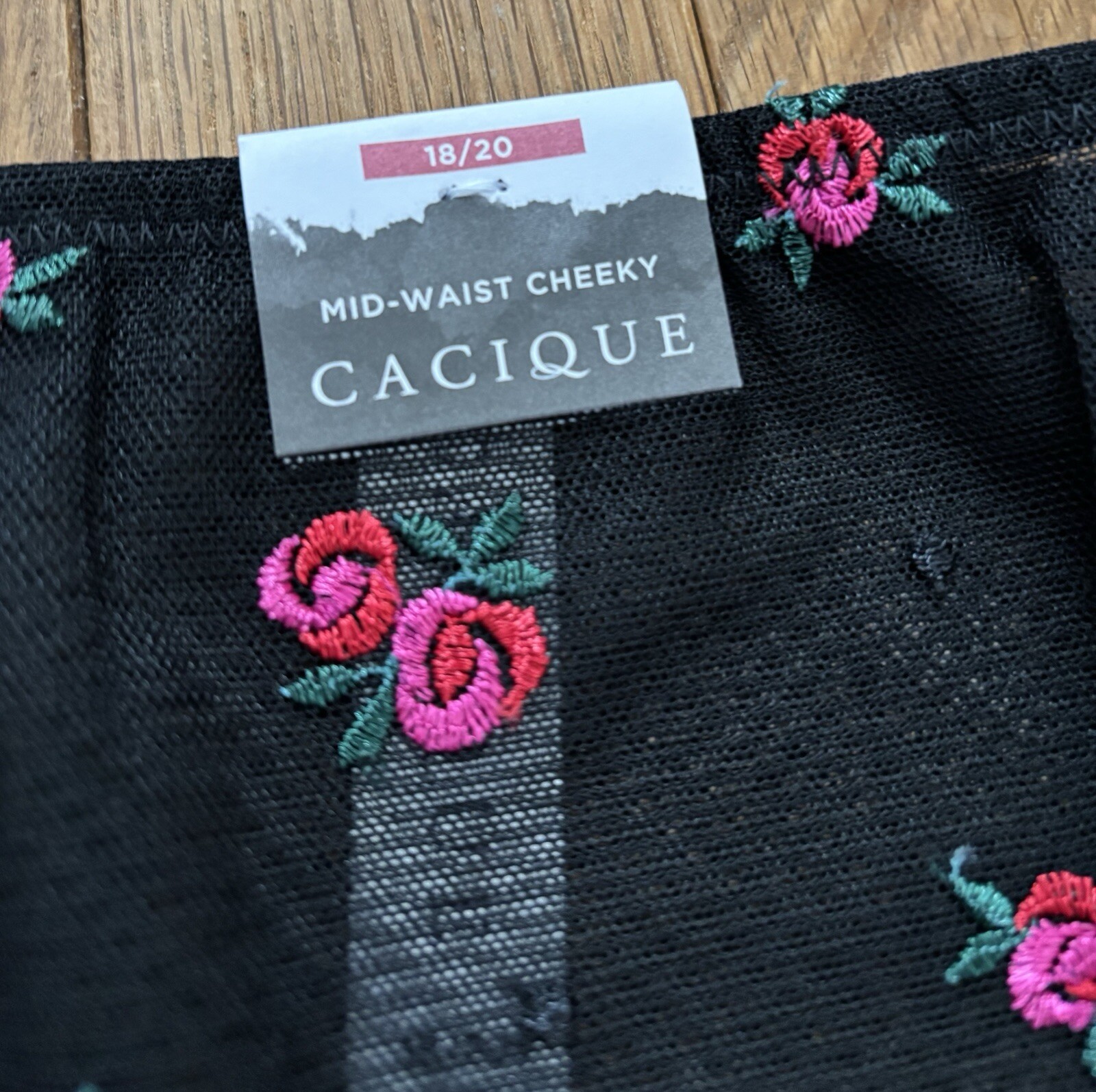 Plus Sz 18/20 Lane Bryant Cacique Black Mid Waist Cheeky Panty Embroidered Rose