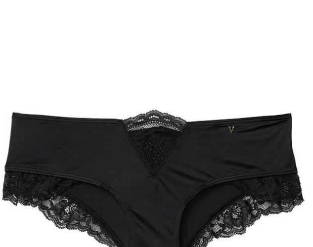 S NOIR Black Satiny Micro Lace Inset Very Sexy Cheeky Victorias Secret Pantie