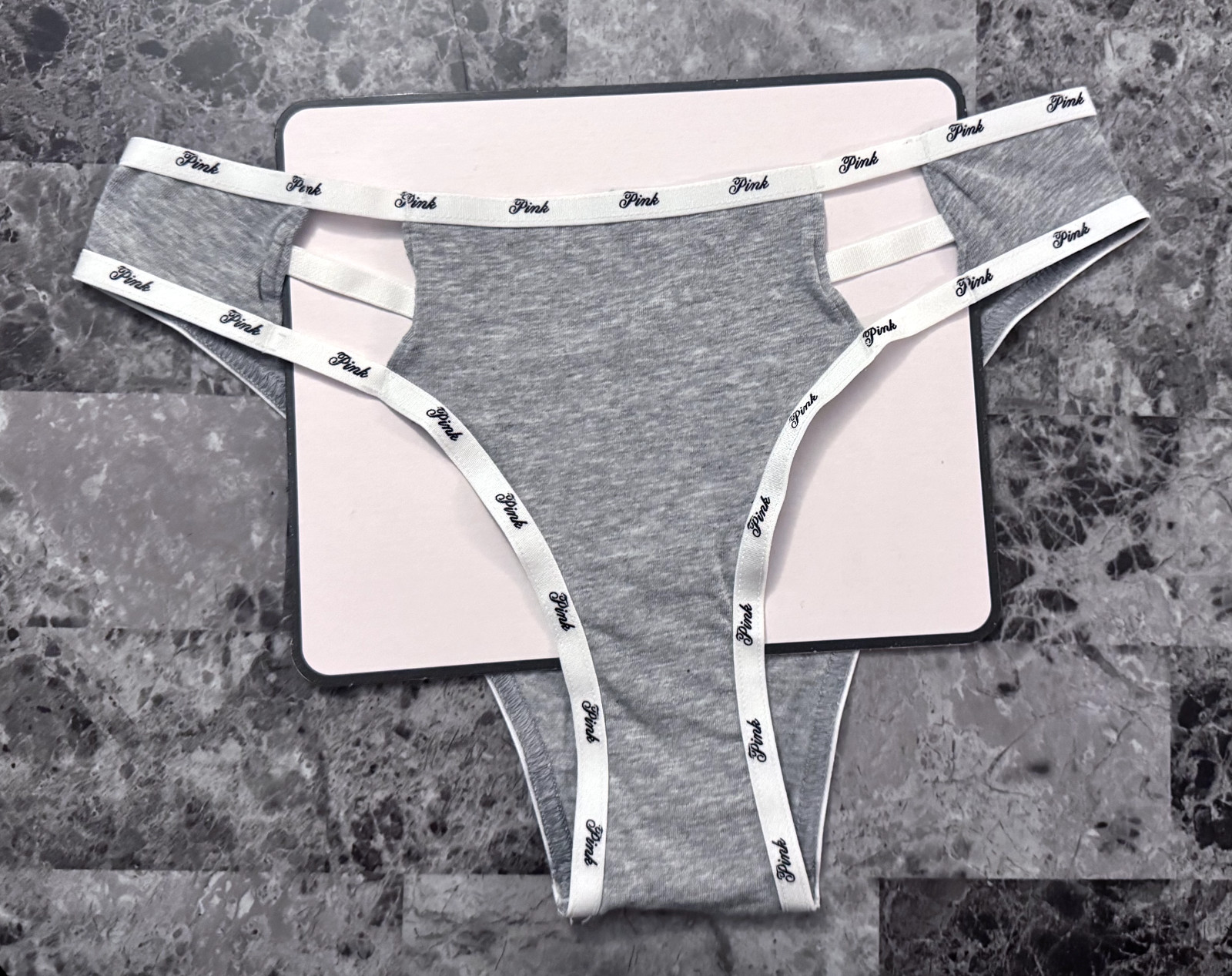NWT VICTORIA’S SECRET PINK GRAY WHITE BLACK LOGO STRAPPY CUTOUT CHEEKY PANTIES