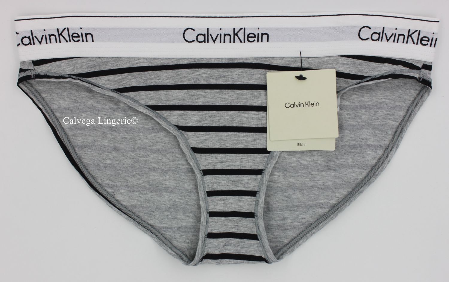 NWT Calvin Klein F3787 “Modern” Logo Cotton Bikini, Gray w/ Black Stripes