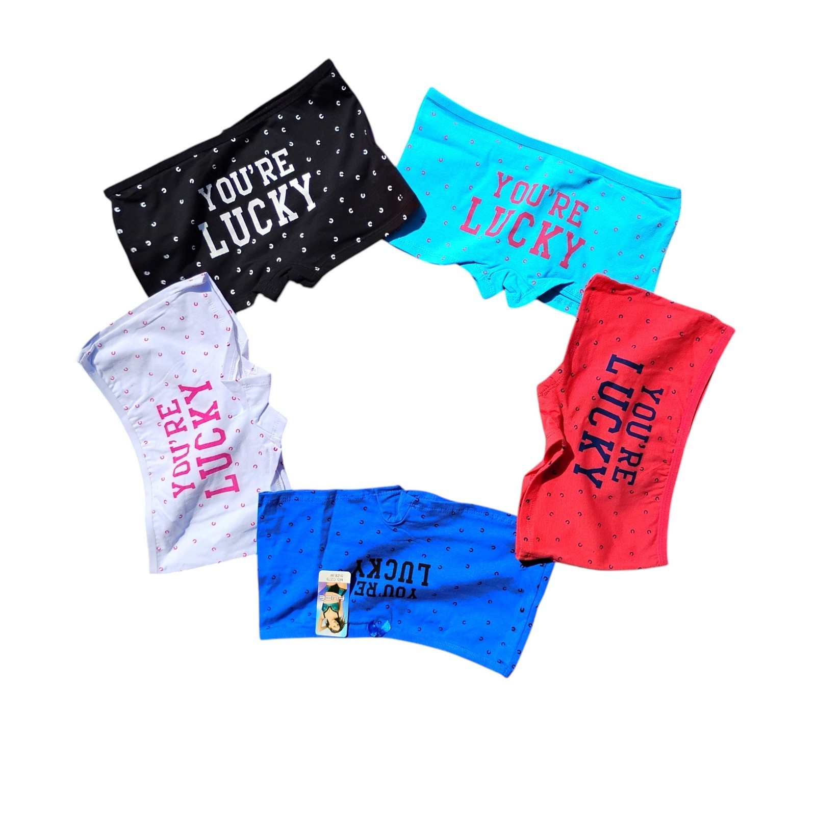 Fude Sz-M 5 Pack Cheeky Boyshorts You’re Lucky Horseshoe Print Panties