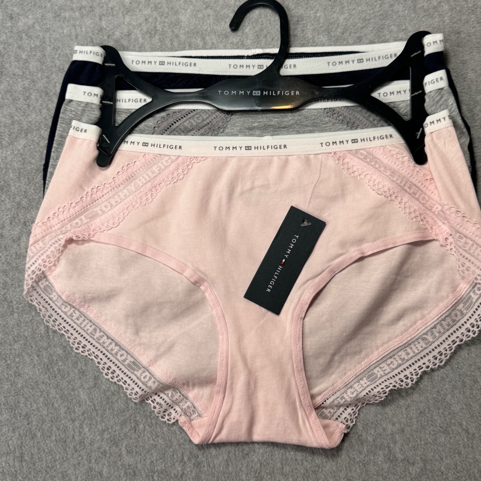 Tommy Hilfiger Womens 3 Pack Cotton Lace Hipster Panties Navy Grey Pink S NEW