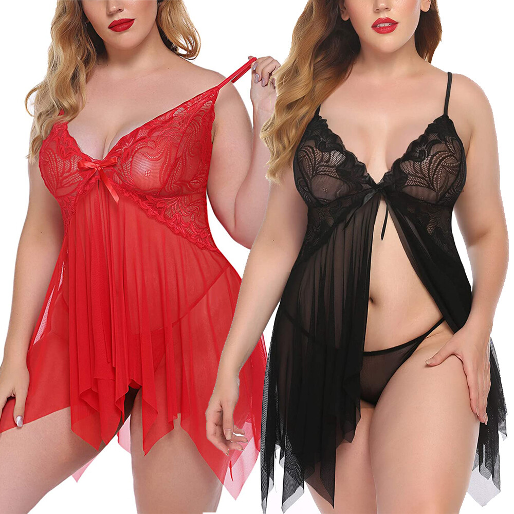 Plus Size Lingerie Babydoll Lace Sleepwear Boudoir Outfit Sexy Strap Chemise US