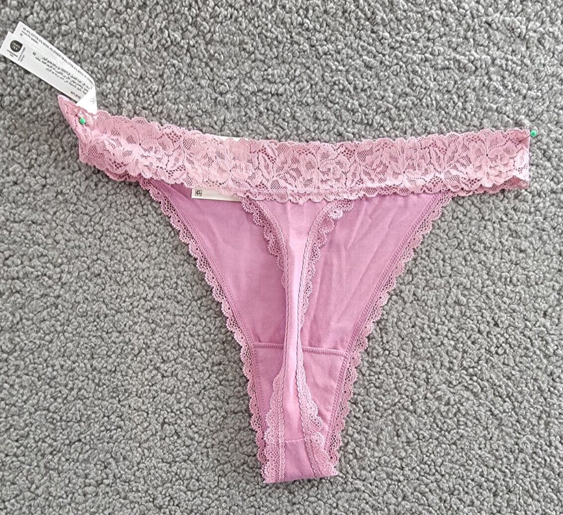 State of Day Lace-Trim Thong Underwear Women’s L Mauve Orchid Elastic Waistband~