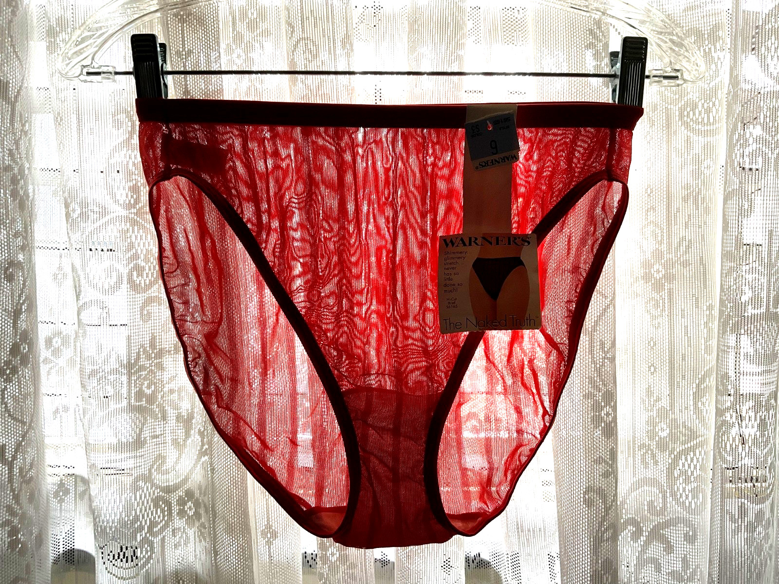 VINTAGE WARNERS THE NAKED TRUTH RED SHIMMERY SHEER BRIEF PANTIES Size 9 NWT