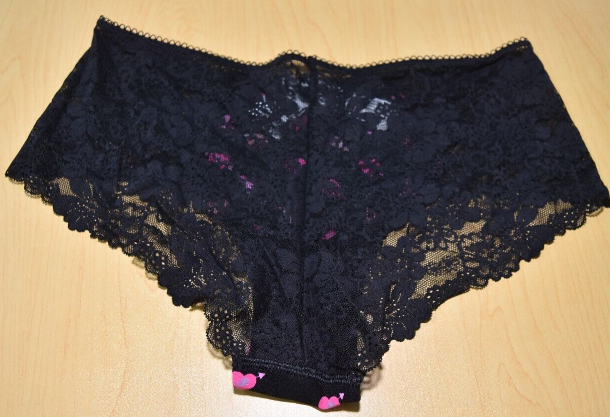 NWT Victorias Secret Pink Multicolor Hearts Lace Cheeky Panty Black L Large