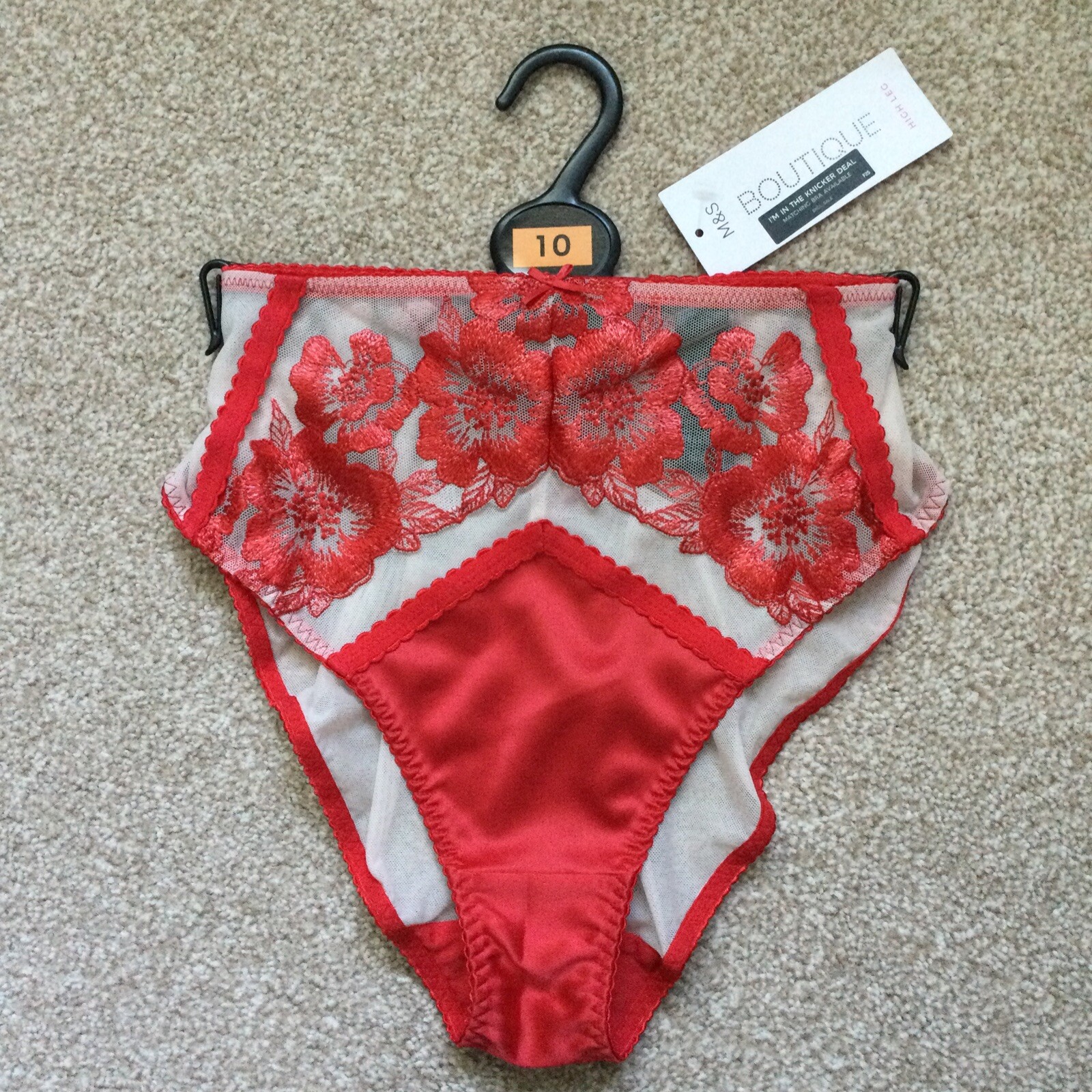 M&S Size 10 Boutique Layla Embroidered High Leg Knickers Red Cream Satin Mesh