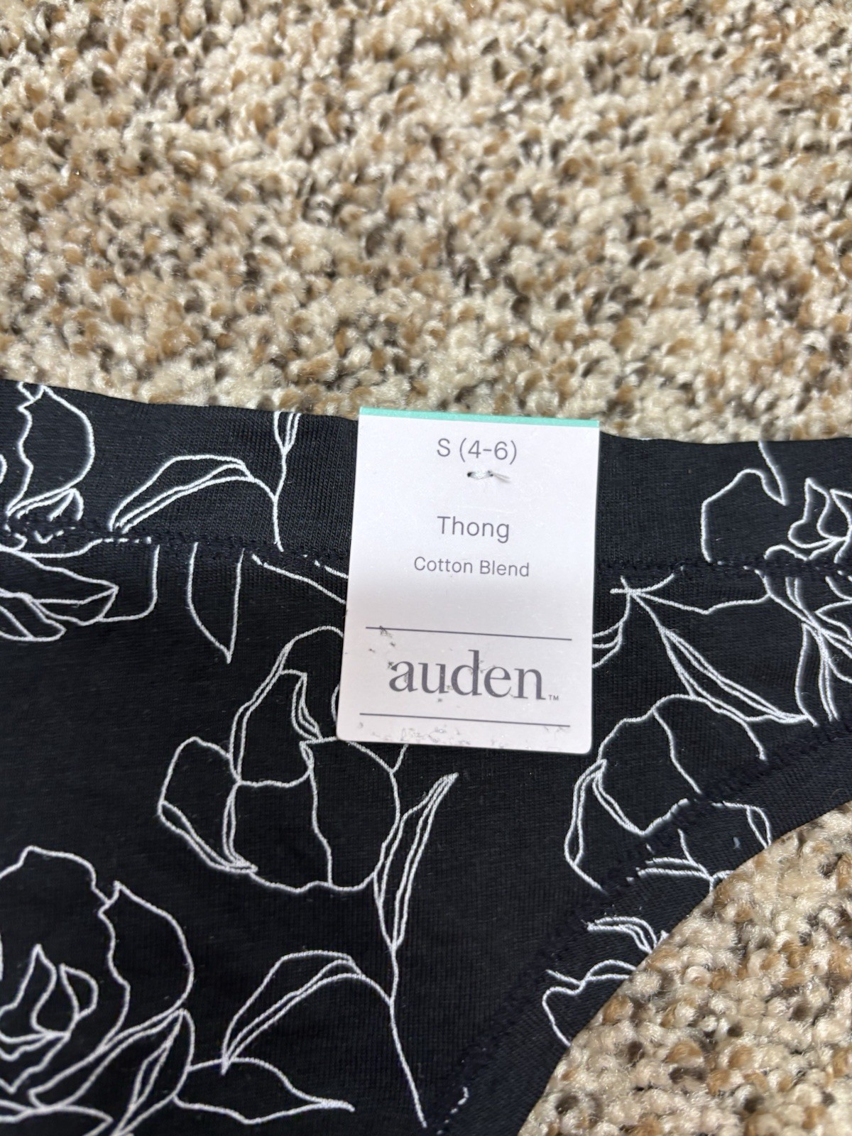 Auden Black Sketched Floral Cotton Blend Thong. Size: S (4-6).