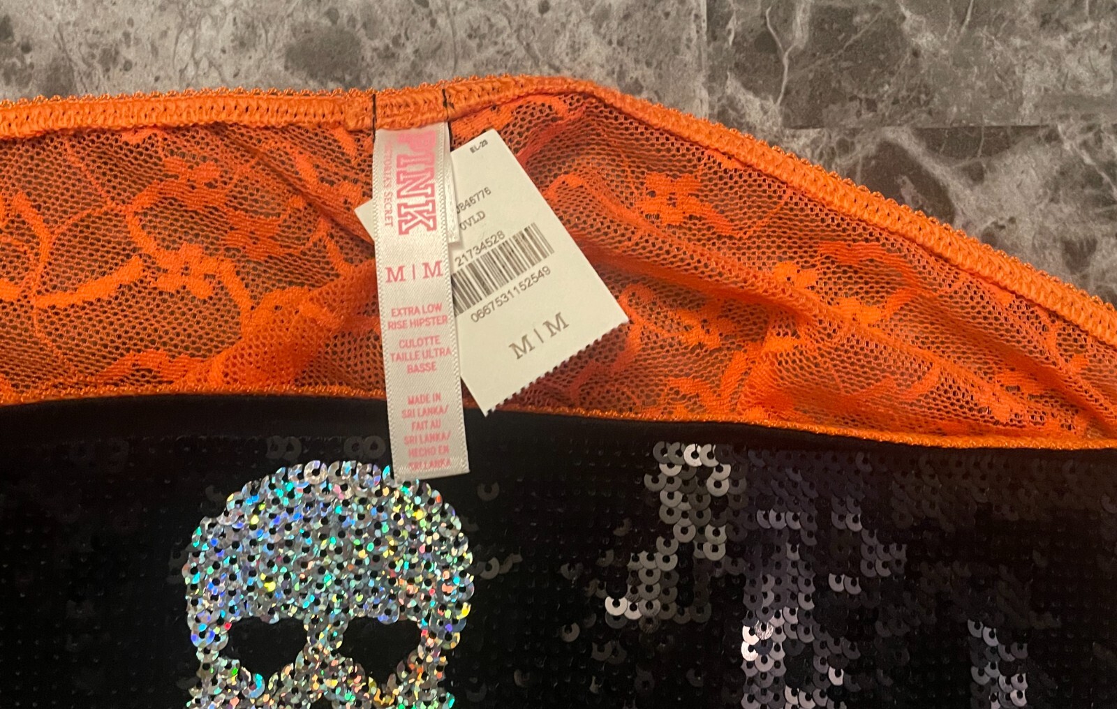 NWT VICTORIA’S SECRET PINK M HALLOWEEN SKULL SEQUIN BLING RARE HIPSTER PANTIES
