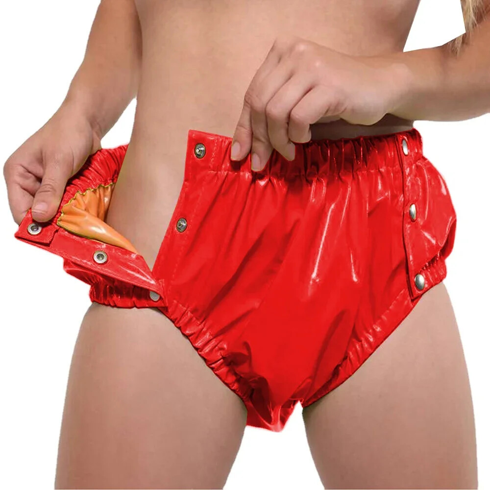 Shiny PVC Leather Double Layer Splicing Panties Button-up Elastic Waist Panties