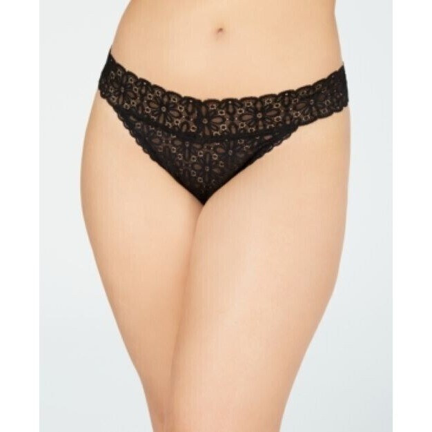 Jenni Women’s Plus One Size Lace Thong Underwear (OS, Classic Black) Fits 1X-3X