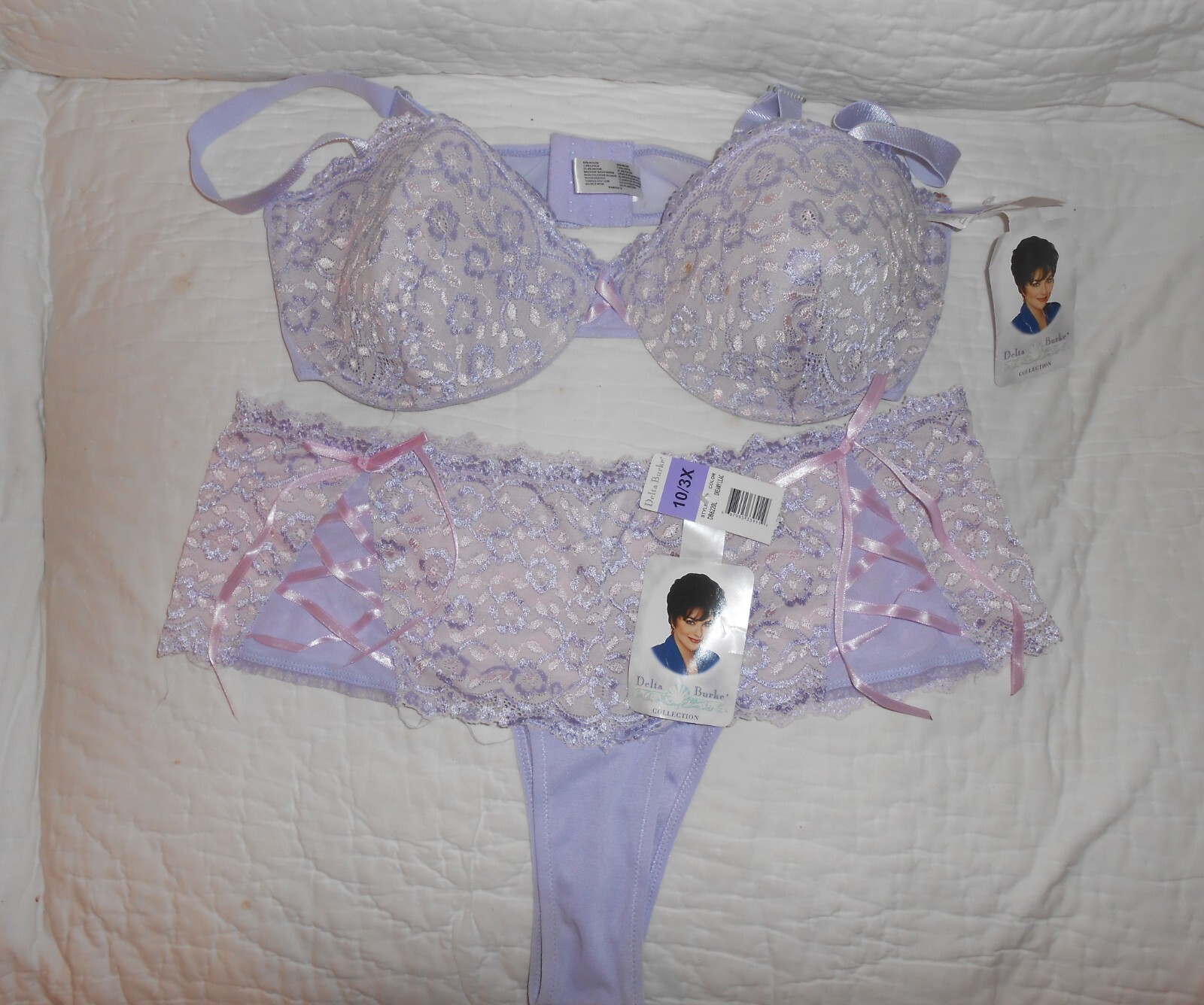 Brand New with Tags DELTA BURKE Dreamy Lilac Lace Bra & Panties Set 40D & 10 3X