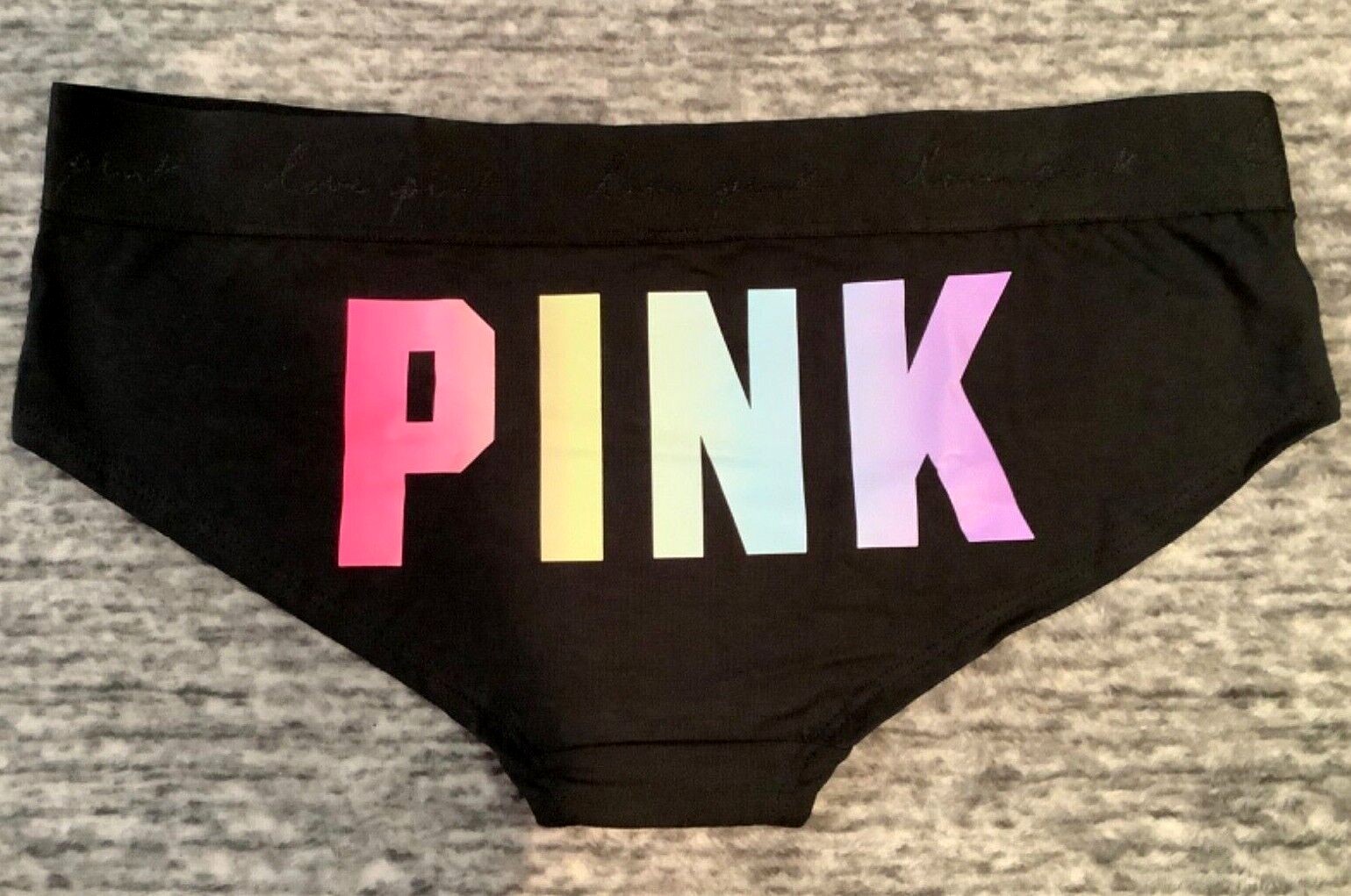 Victoria’s Secret Pink Ombre Rainbow Logo Hipster Panties Black L XL NWT