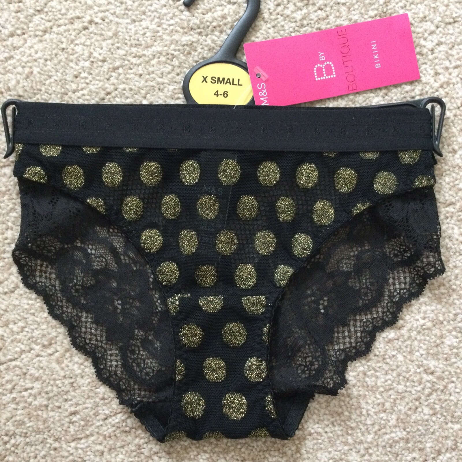 2 x M&S Size 4-6 Extra Small Boutique Pretty Bikini Knickers Black Gold Mesh XS