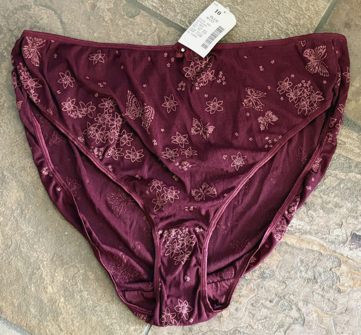 FASHION BUG 10/3XL Burgundy Sparkle Semi Sheer Hi Cut Leg Brief Panties NWT