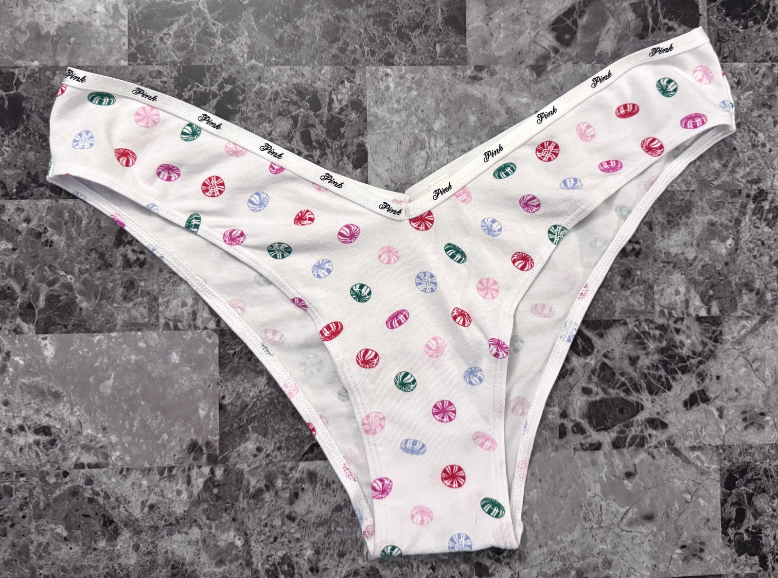 VICTORIA’S SECRET PINK XL RED GREEN CANDY LOGO BAND V STYLE TANGA CHEEKY PANTIES