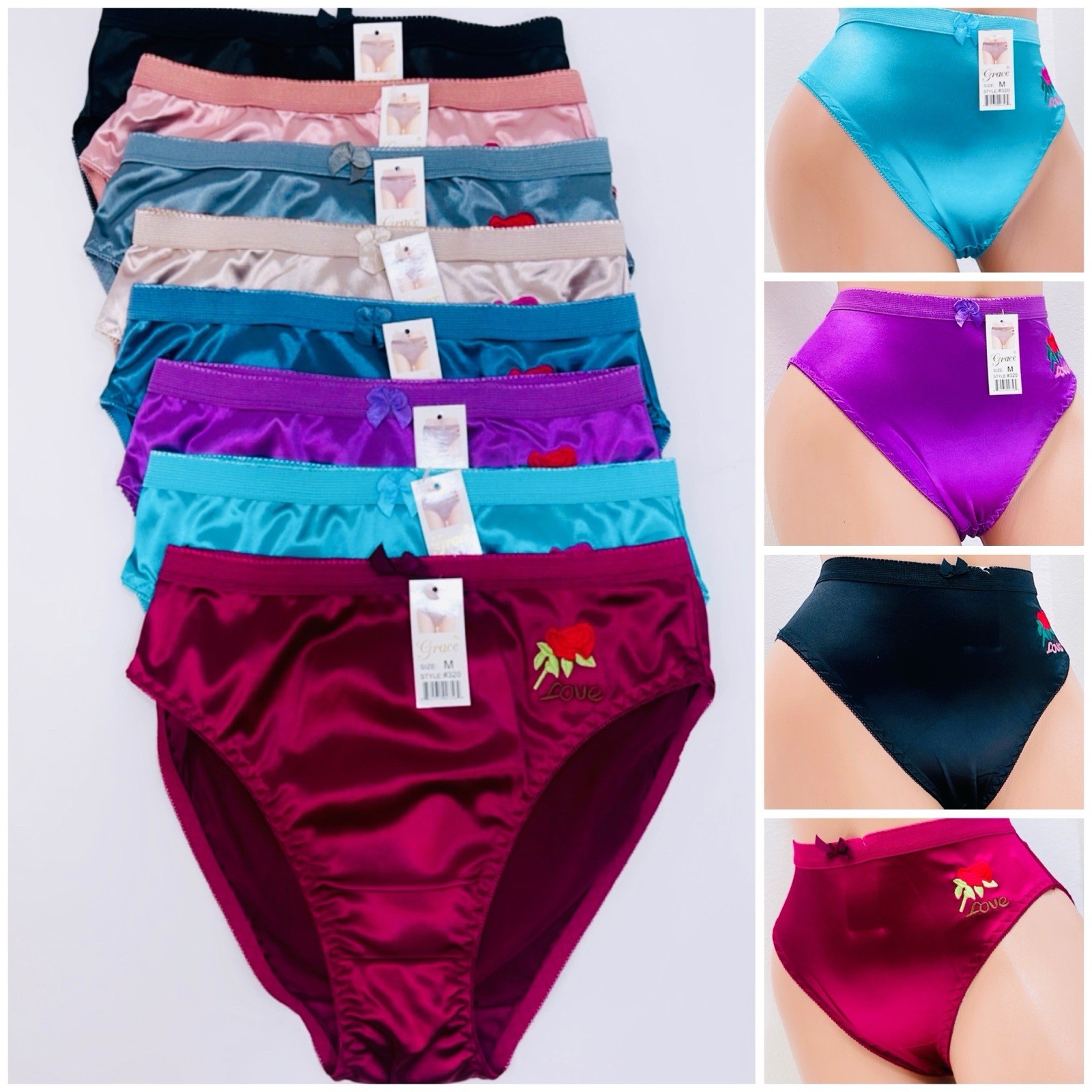 6 PRETTY SATIN BIKINIS Style PANTIES Women Underwear #3120 Briefs Love Rose Sz L