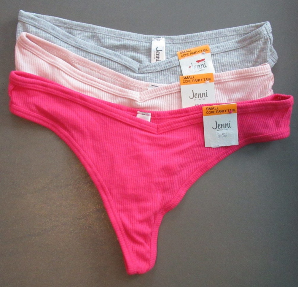 Jenni Women’s 3-Pack Ribbed Knit Thong Panty Underwear, Pink Gray Peach Variety