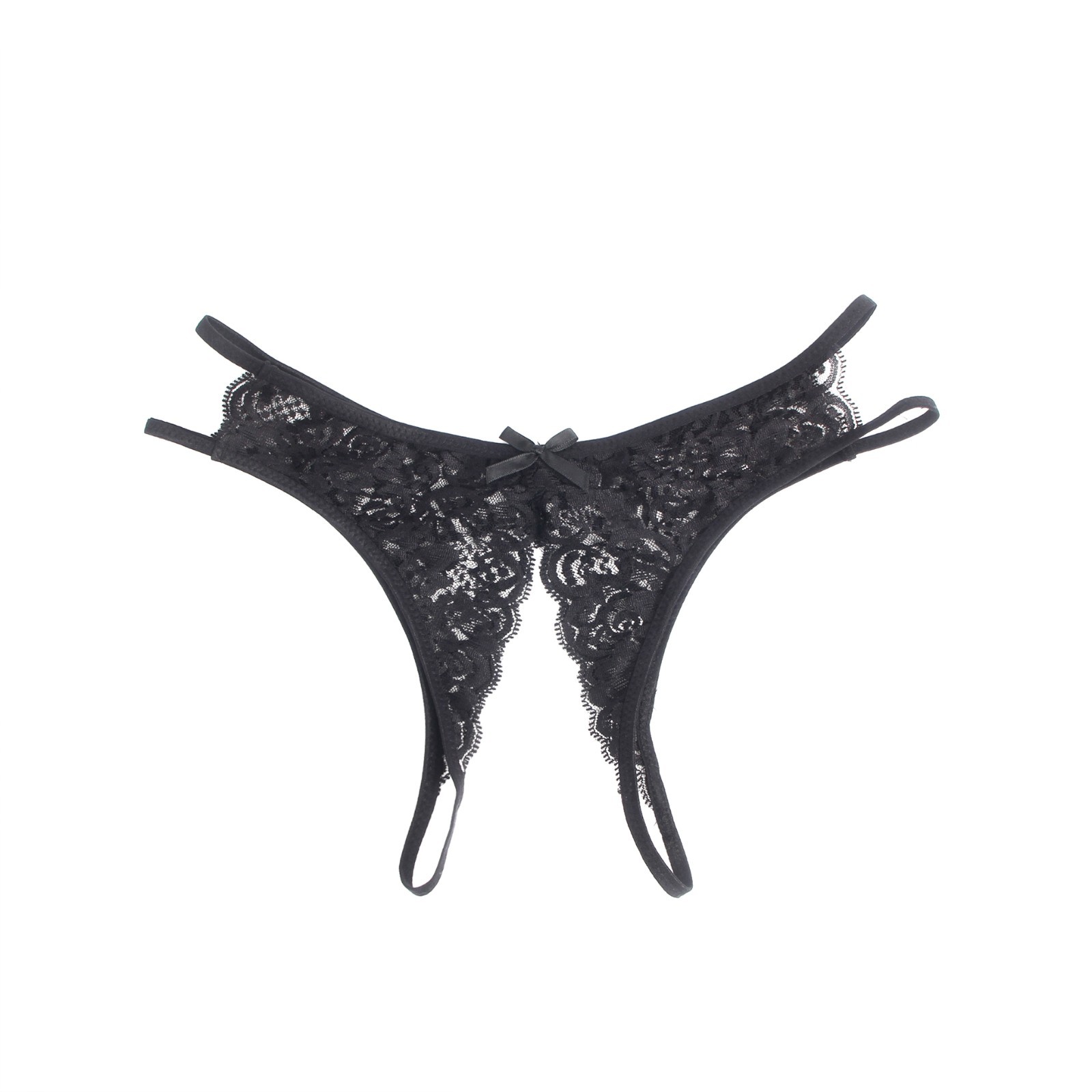 WOW BABE Black Floral Lace Bow Detail Open Crotch French Knickers Panty Size 12